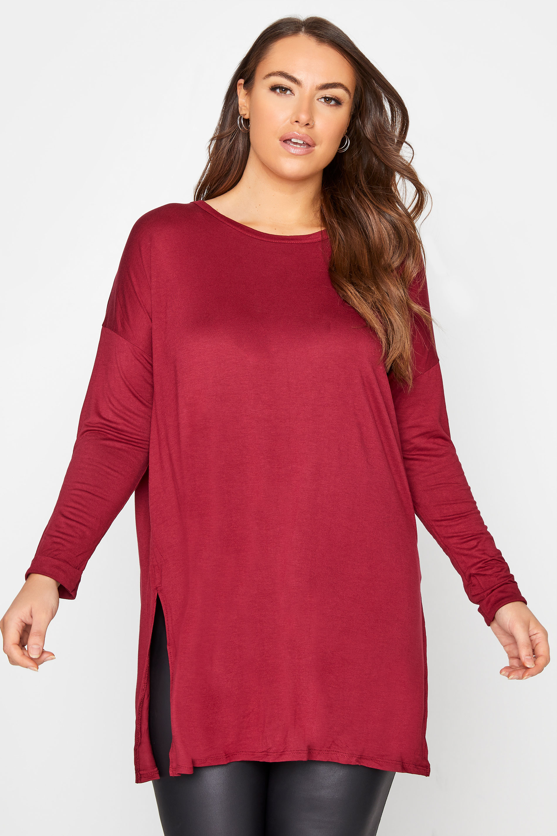 Curve Wine Red Long Sleeve Oversized T-Shirt 1
