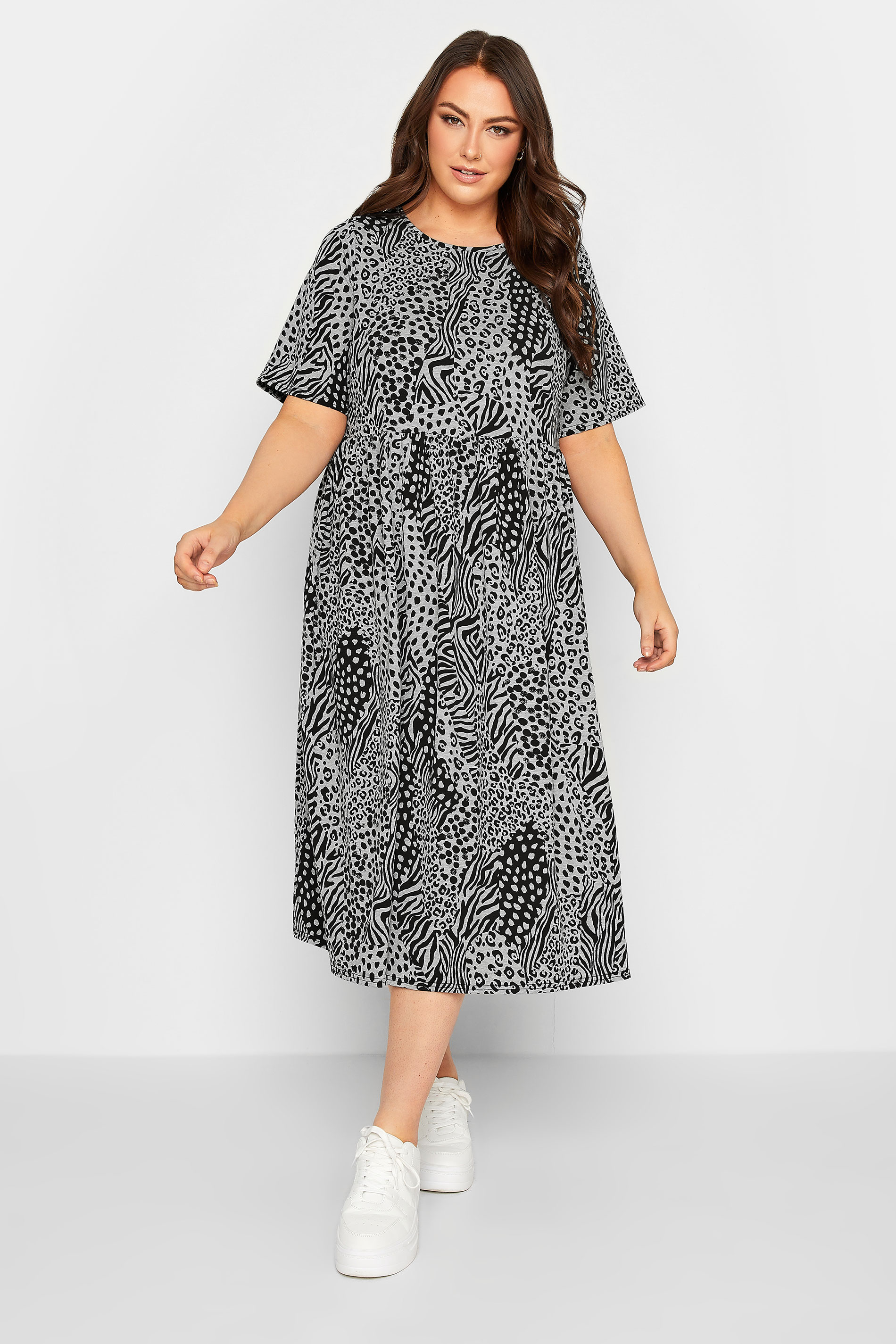 YOURS Plus Size Grey Mixed Animal Print Midi Smock Dress | Yours Clothing 2