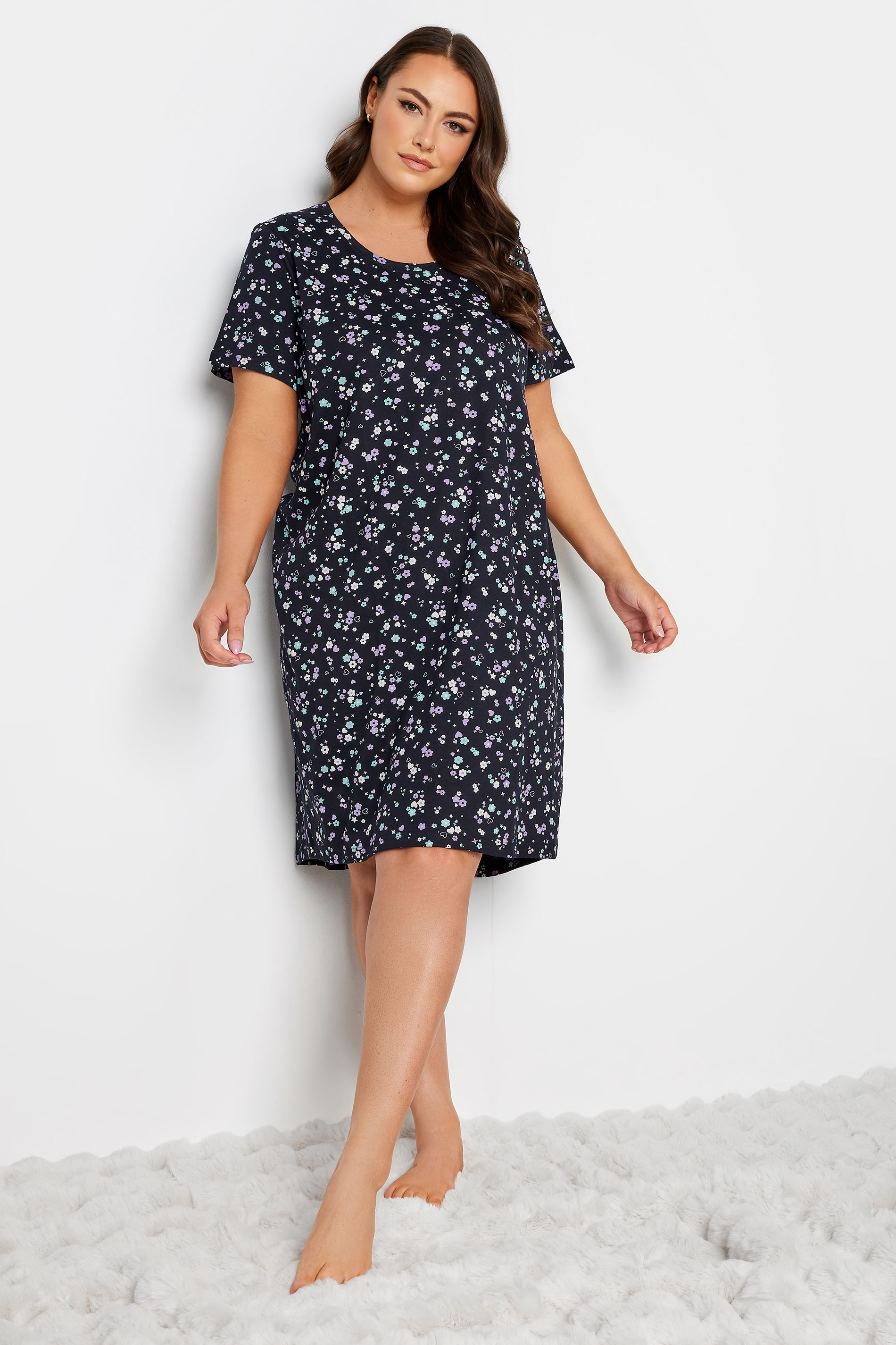 YOURS Curve Plus Size Navy Blue Ditsy Floral Print Nightdress | Yours Clothing  1