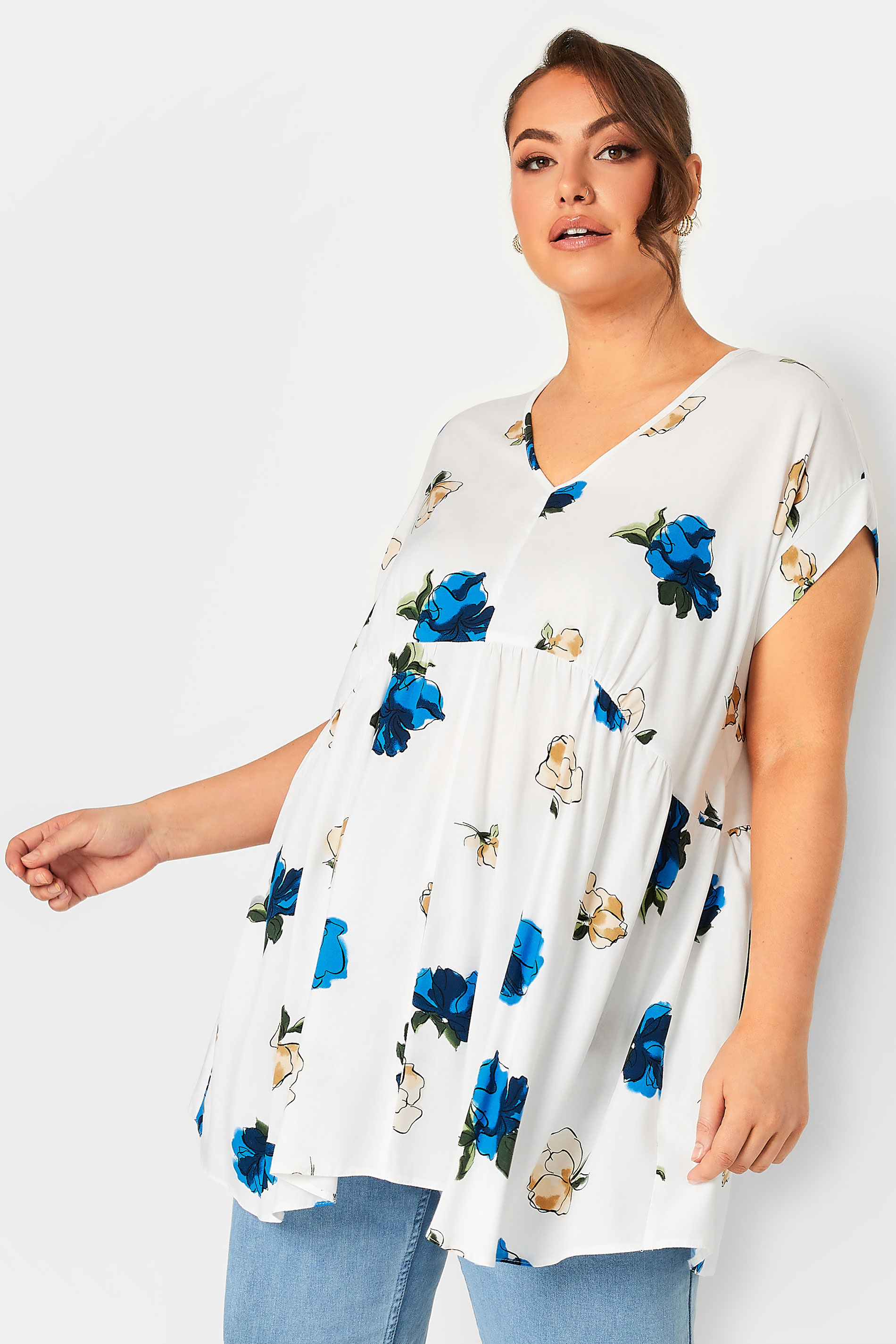 YOURS Plus Size White & Blue Floral Print Peplum Blouse | Yours Clothing 1
