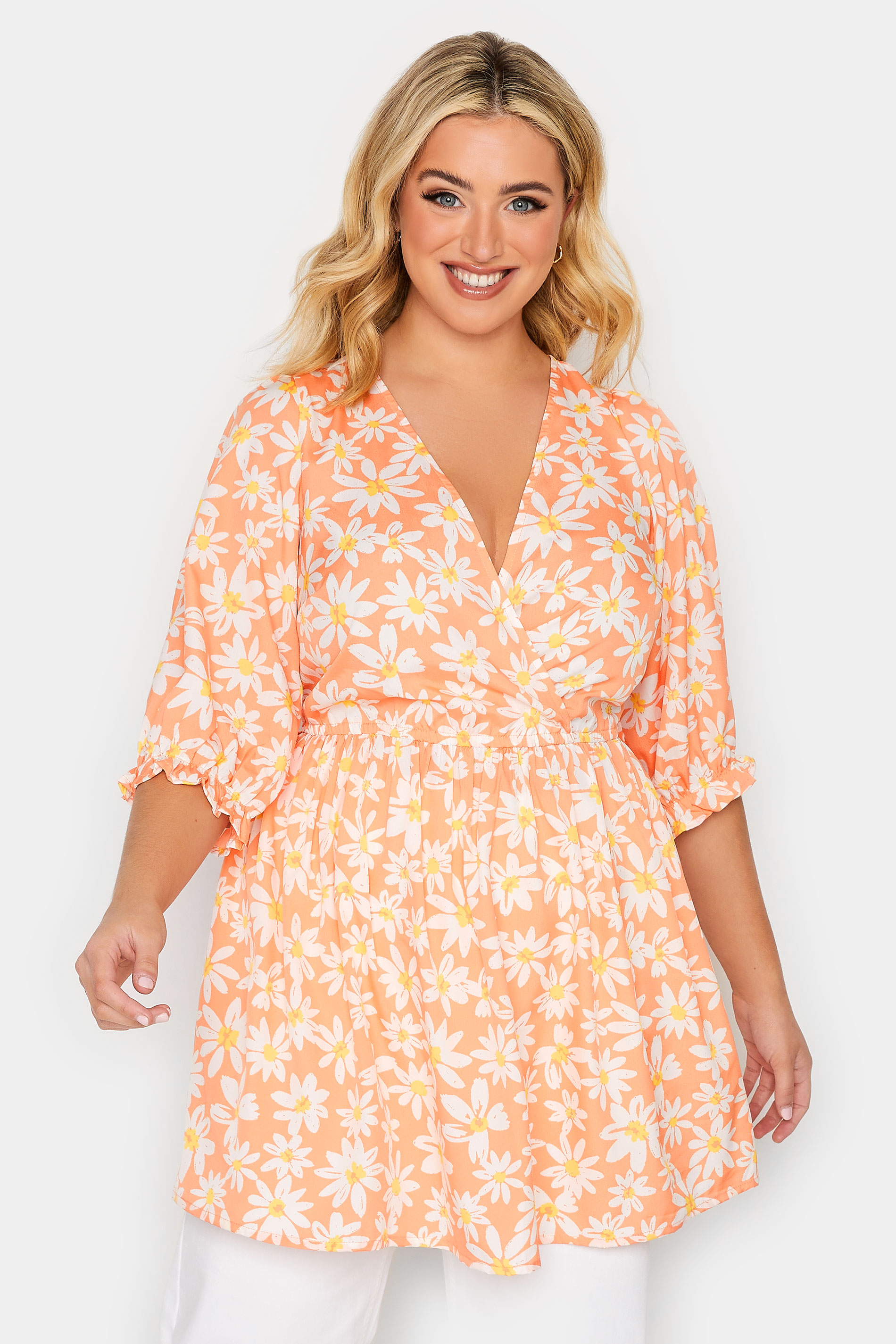 YOURS Plus Size Orange Floral Print Wrap Top | Yours Clothing 1
