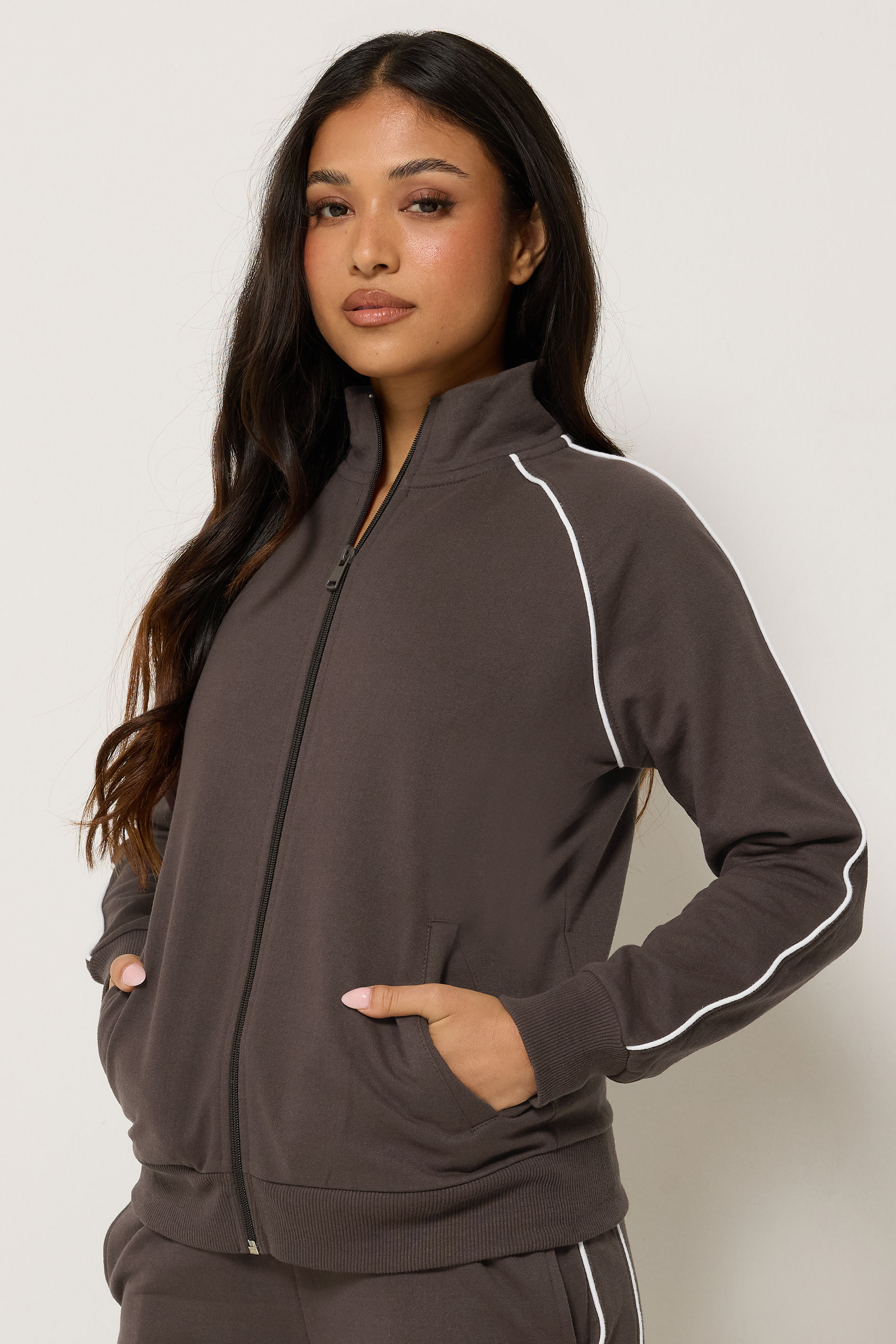 PixieGirl Petite Women's Chocolate Brown Contrast Zip Jacket | PixieGirl 3
