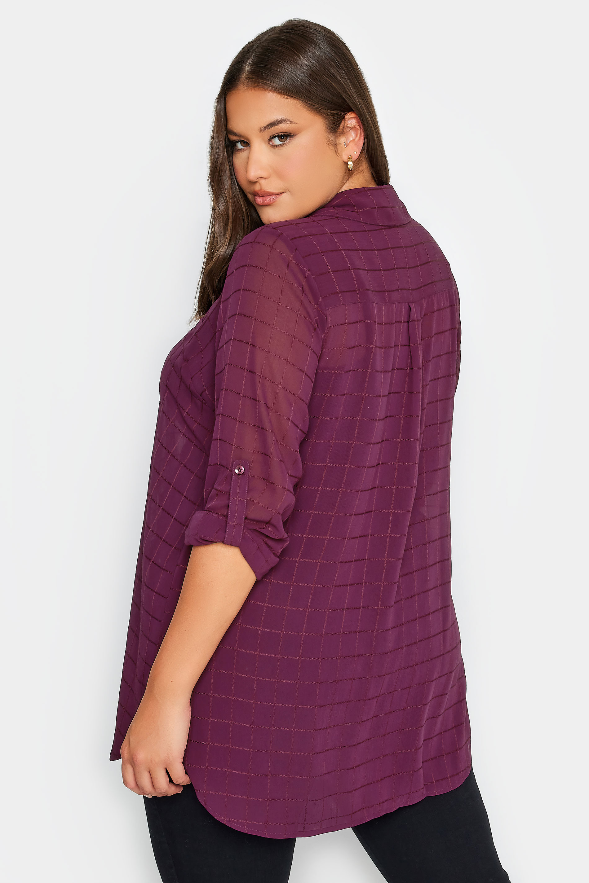 YOURS LONDON Plus Size Purple Check Chiffon Shirt | Yours Clothing 3
