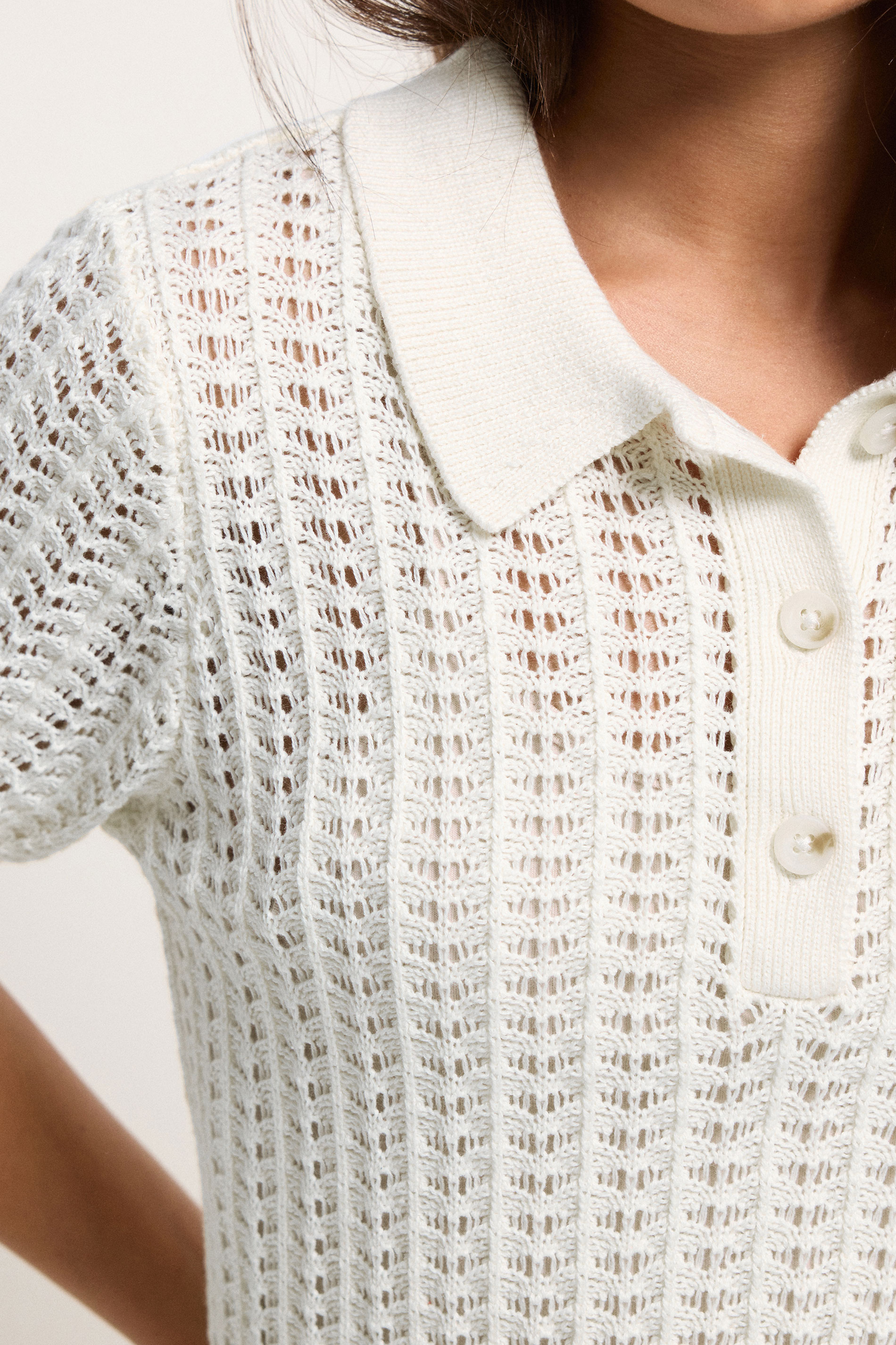 PixieGirl Petite Women's Ivory White Crochet Polo Top | PixieGirl 4
