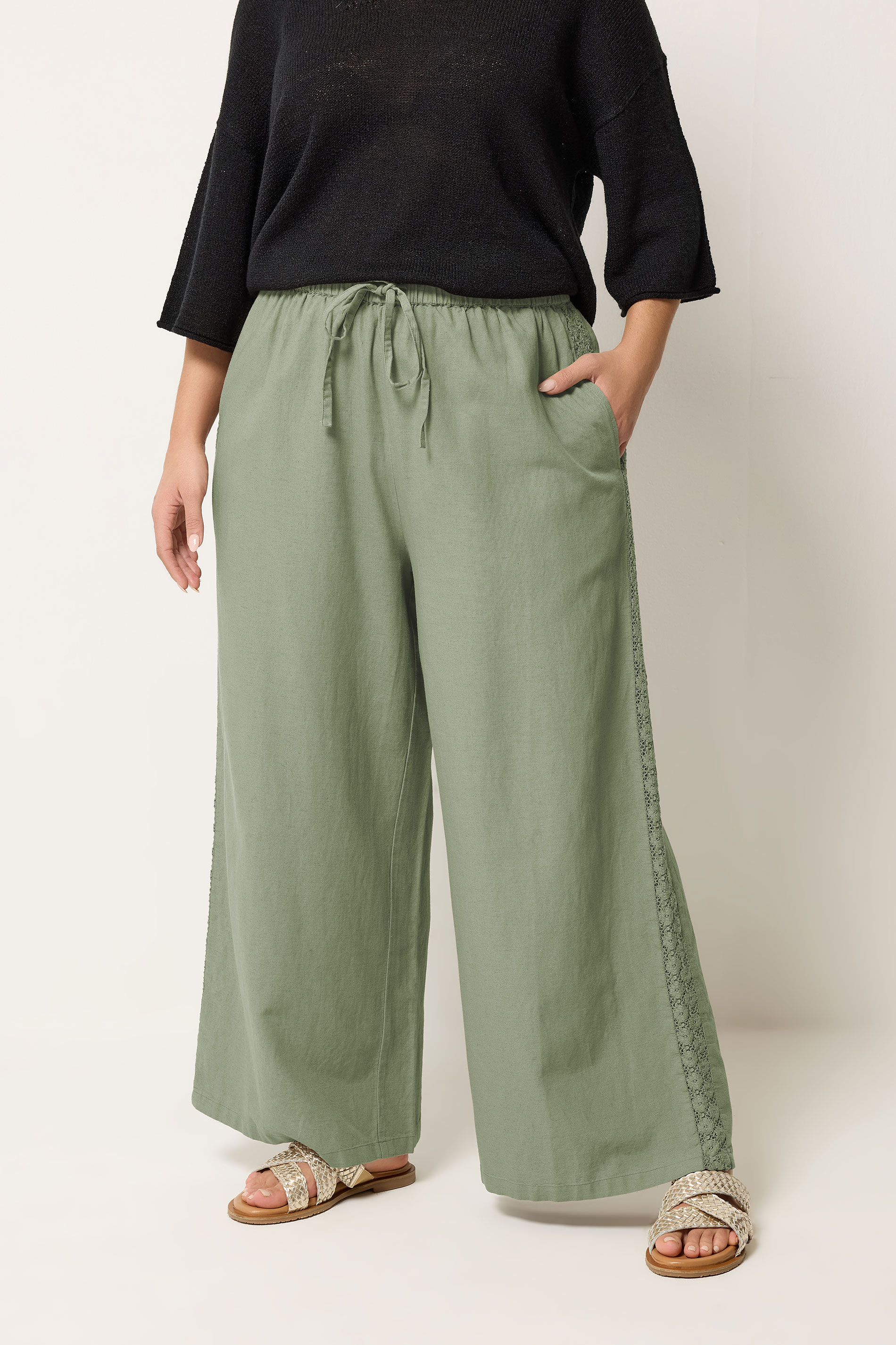 YOURS Plus Size Khaki Green Crochet Detail Linen Trousers | Yours Clothing 3