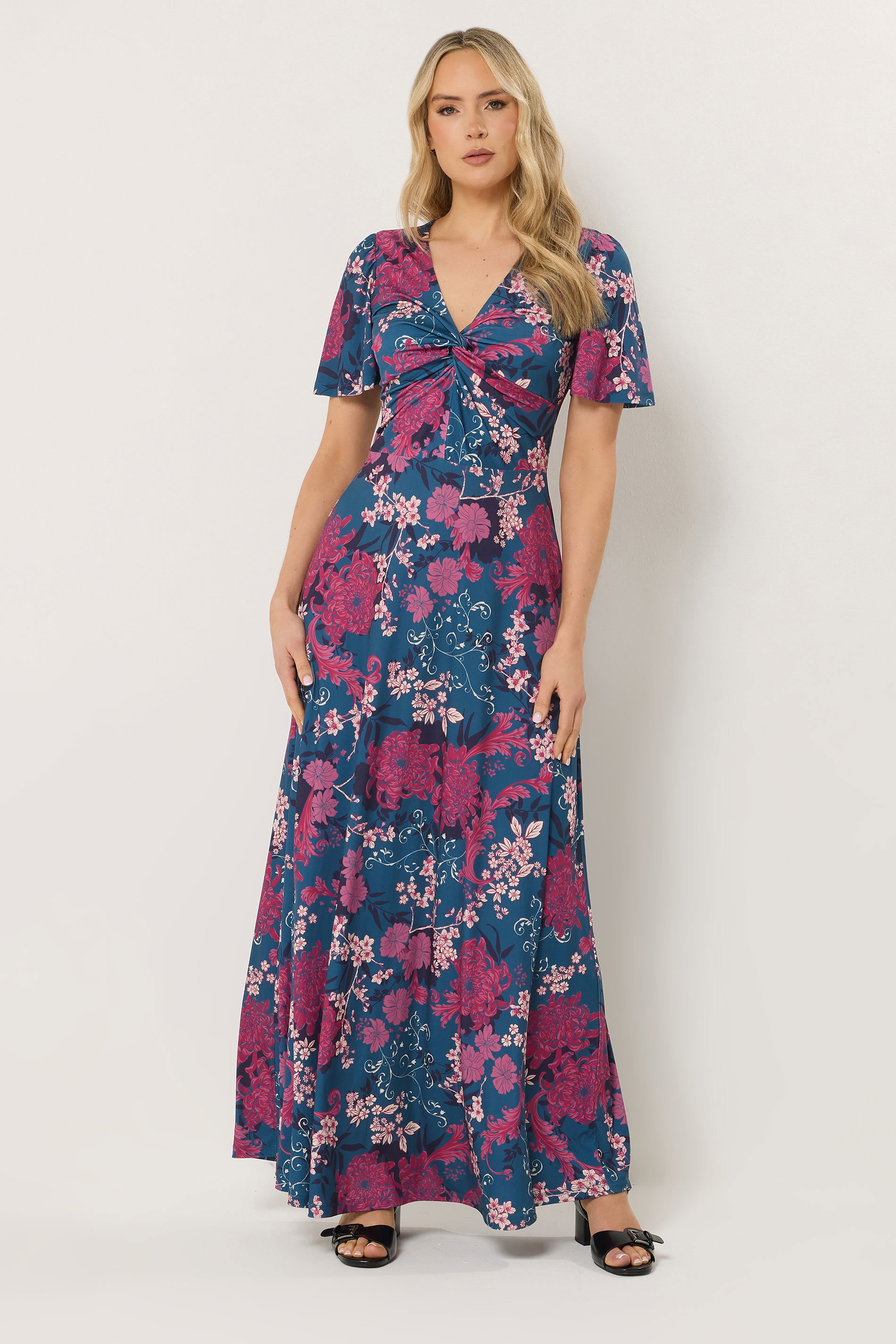 LTS Tall Women's Teal Blue Floral Twist Front Maxi Dress | Long Tall Sally 3