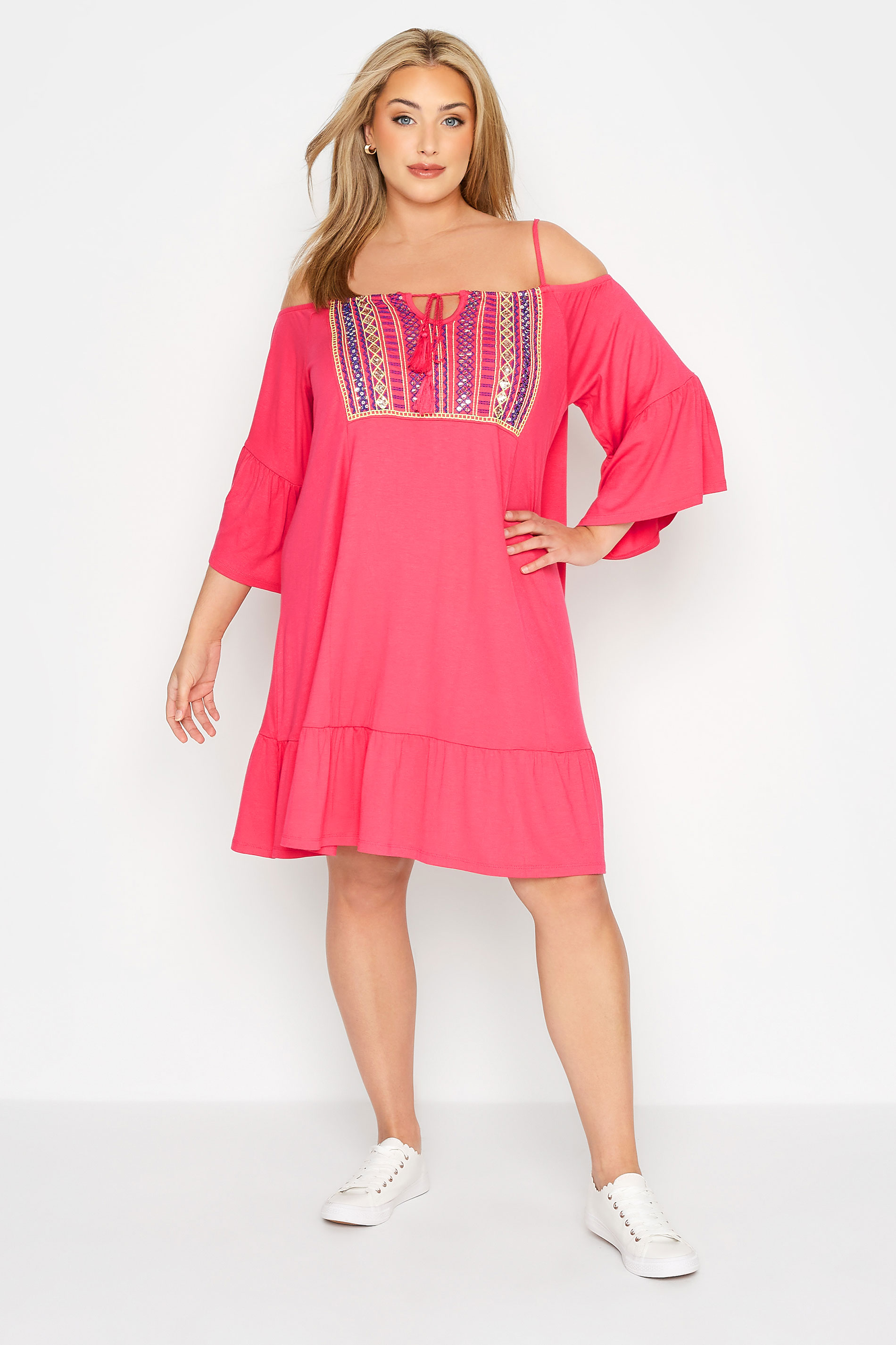 Robes Grande Taille Grande taille  Robes Casual | Robe Rose Design Bardot Empiècement Brodé - IG57260