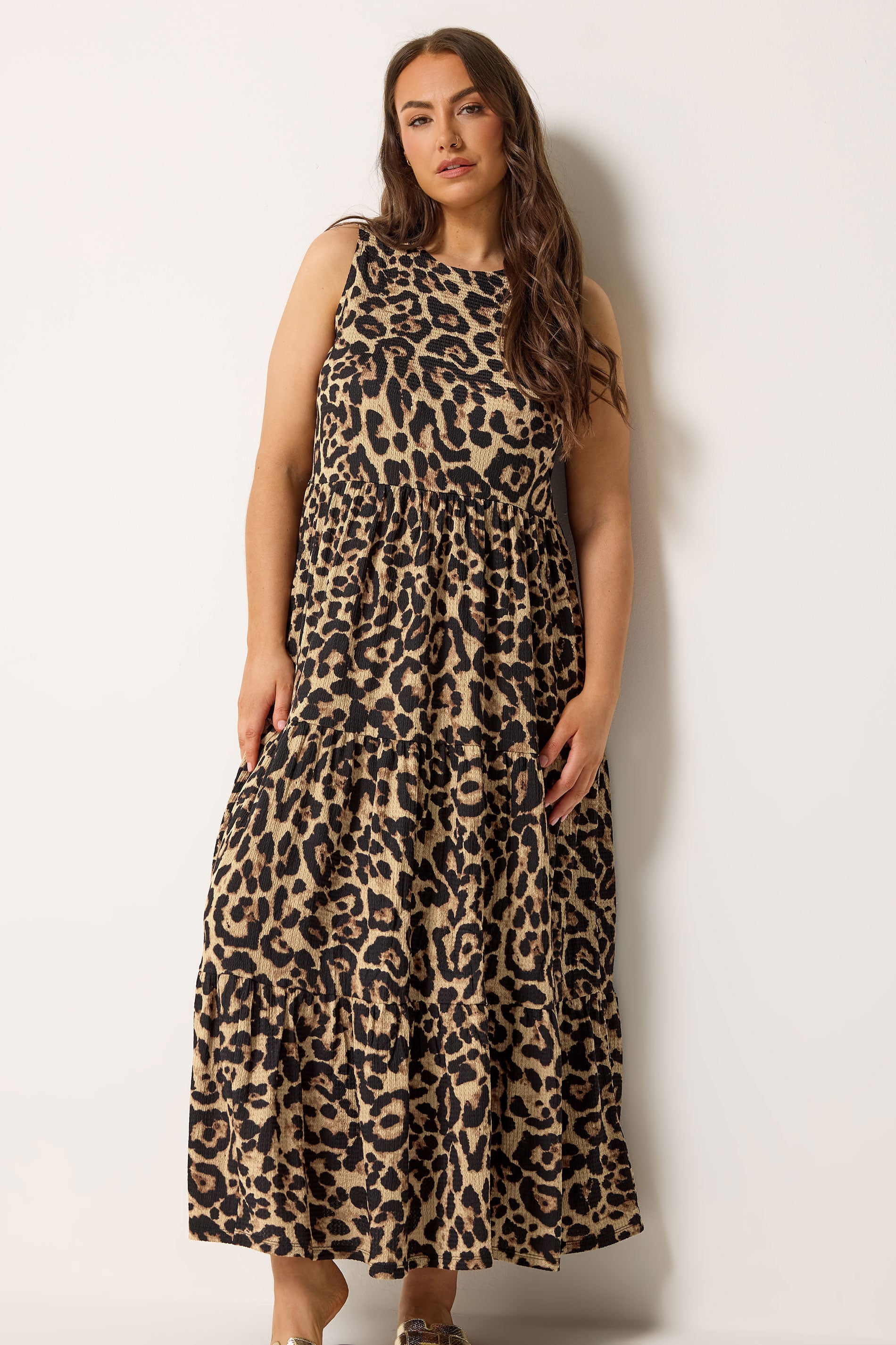 YOURS Plus Size Brown Leopard Tiered Maxi Dress | Yours Clothing 1