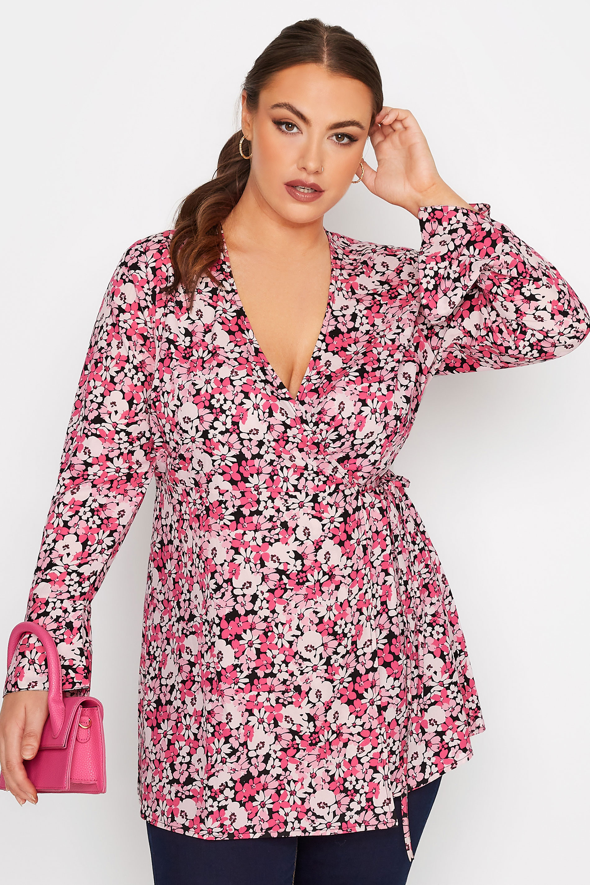 LIMITED COLLECTION Plus Size Pink Floral Print Wrap Top | Yours Clothing 1