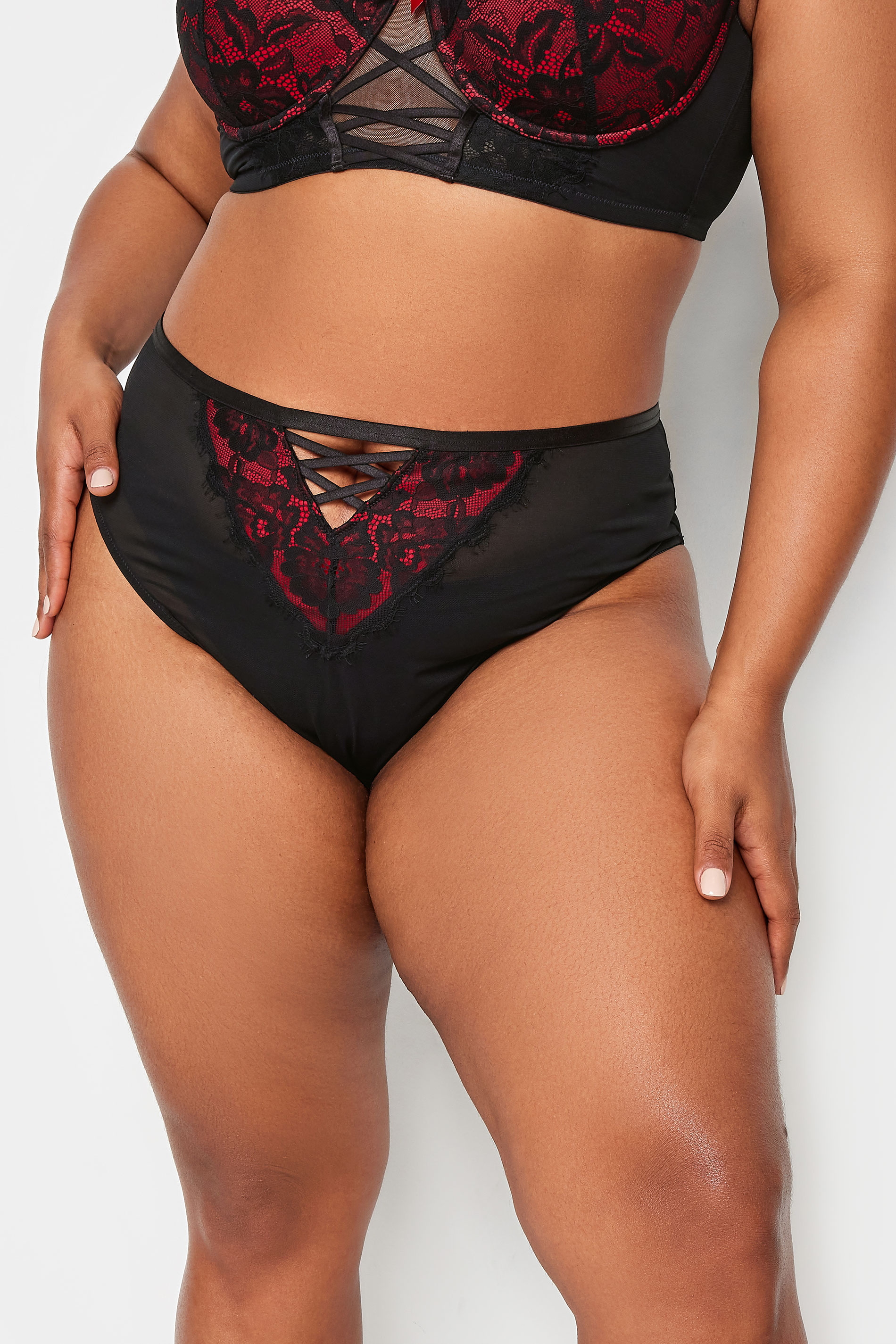 YOURS Plus Size Black & Red Lace Strap Detail Front Briefs | Yours Clothing 2