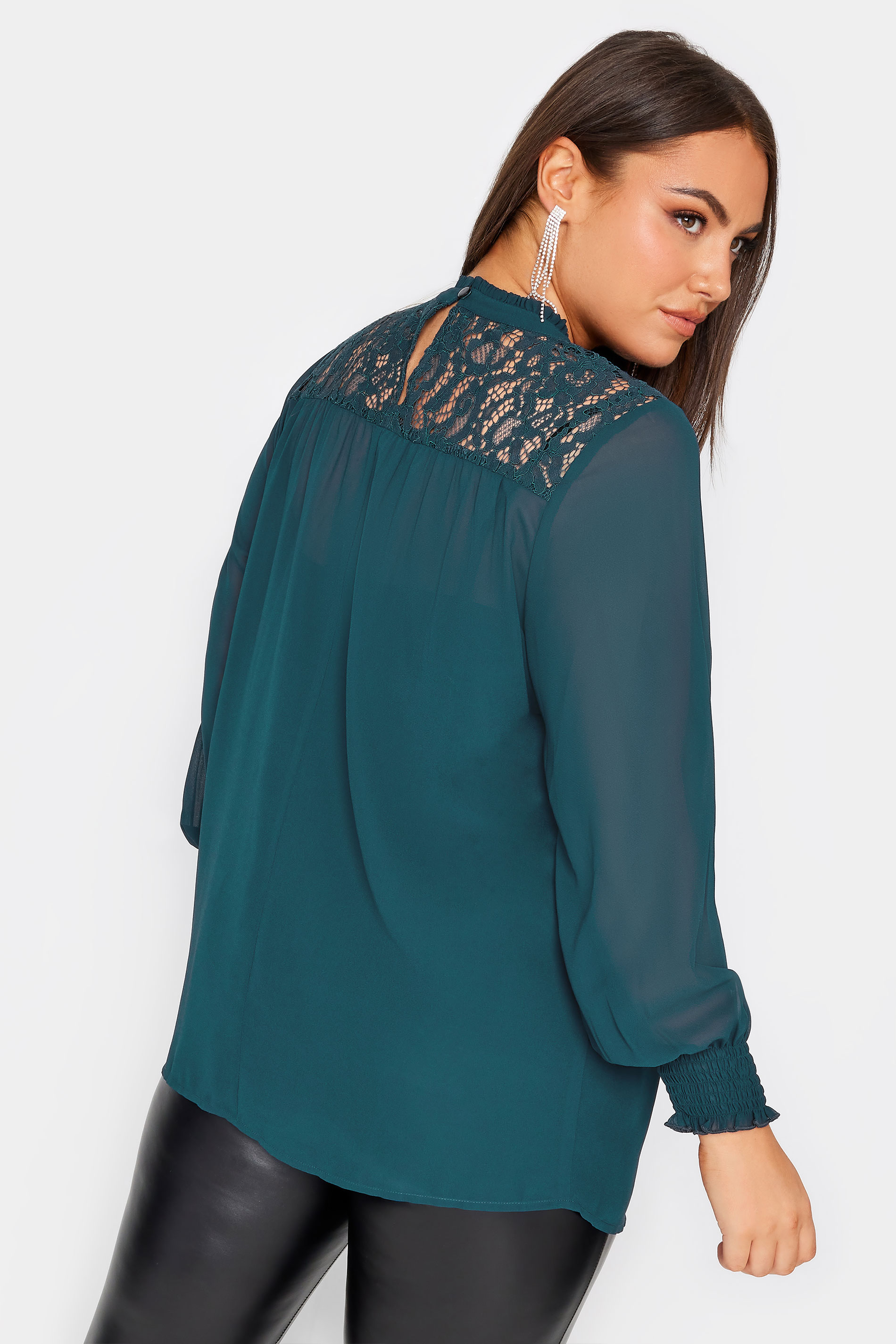 YOURS LONDON Plus Size Blue Lace Ruffle Collar Blouse | Yours Clothing 3
