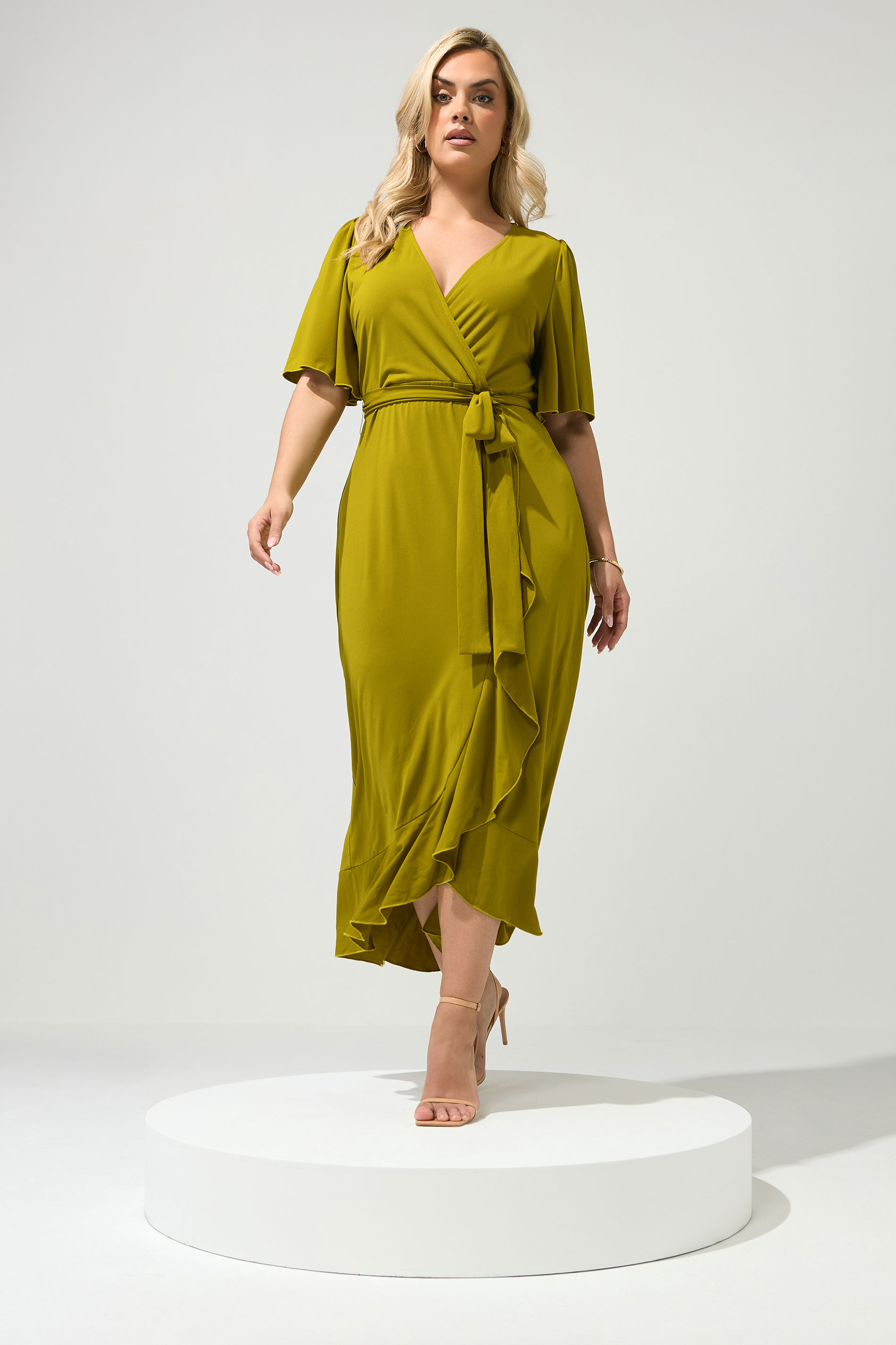 YOURS LONDON Plus Size Chartreuse Green Short Sleeve Ruffle Wrap Maxi Dress | Yours Clothing 1