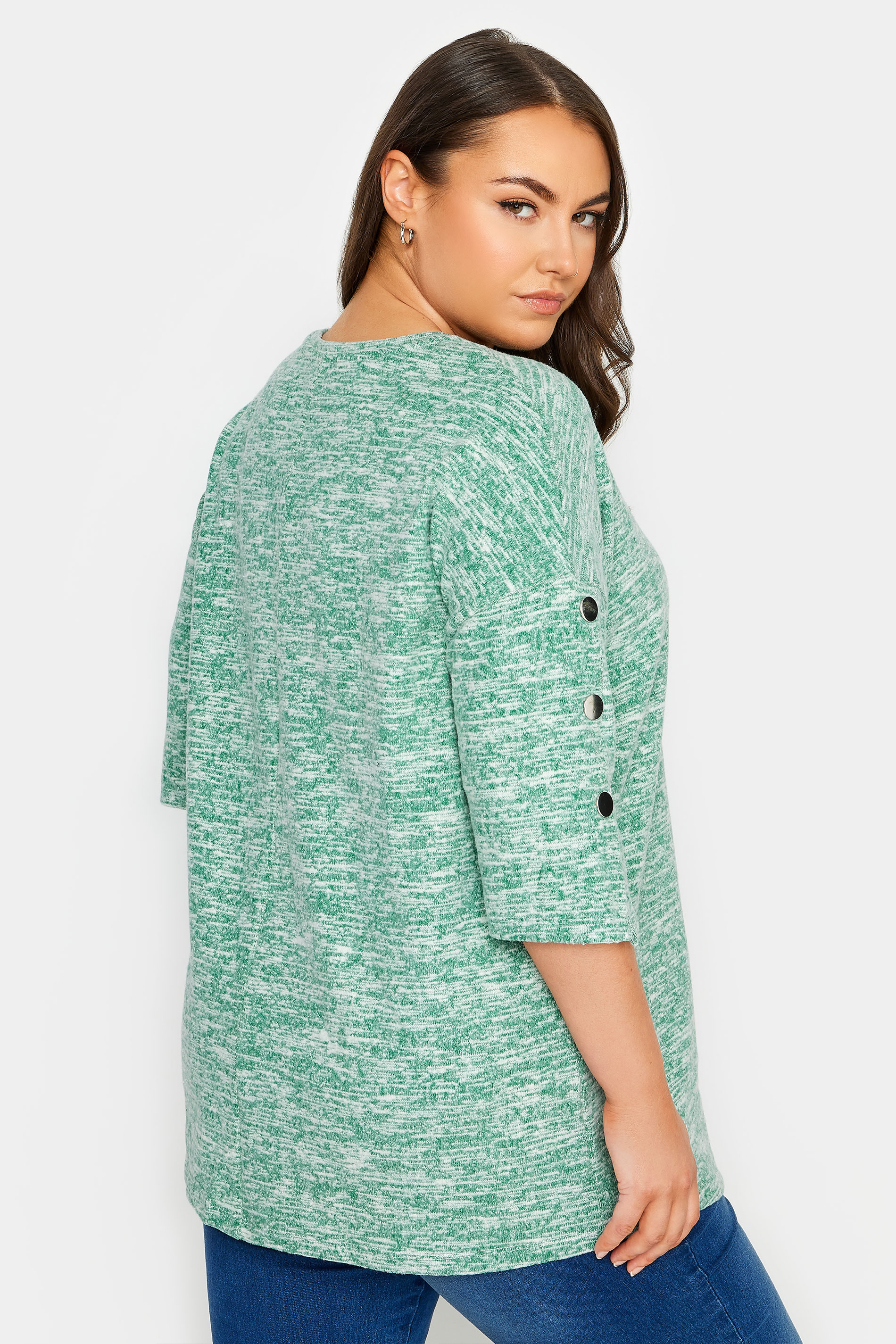 YOURS LUXURY Plus Size Green Button Sleeve Soft Touch Jumper | Yours Clothing 3