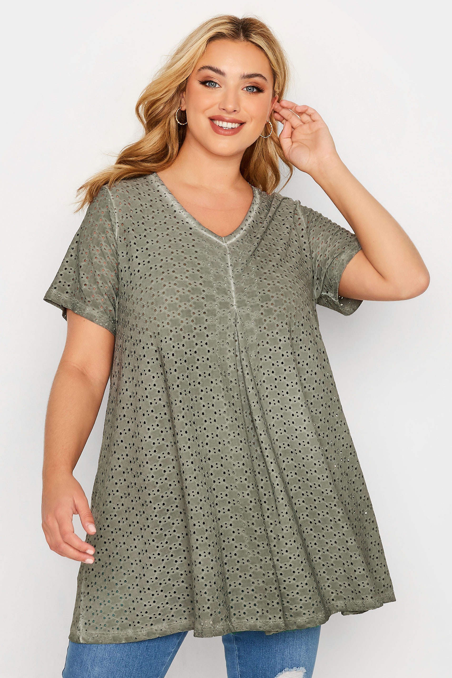 Plus Size Khaki Green Broderie Anglaise Swing Top | Yours Clothing 1