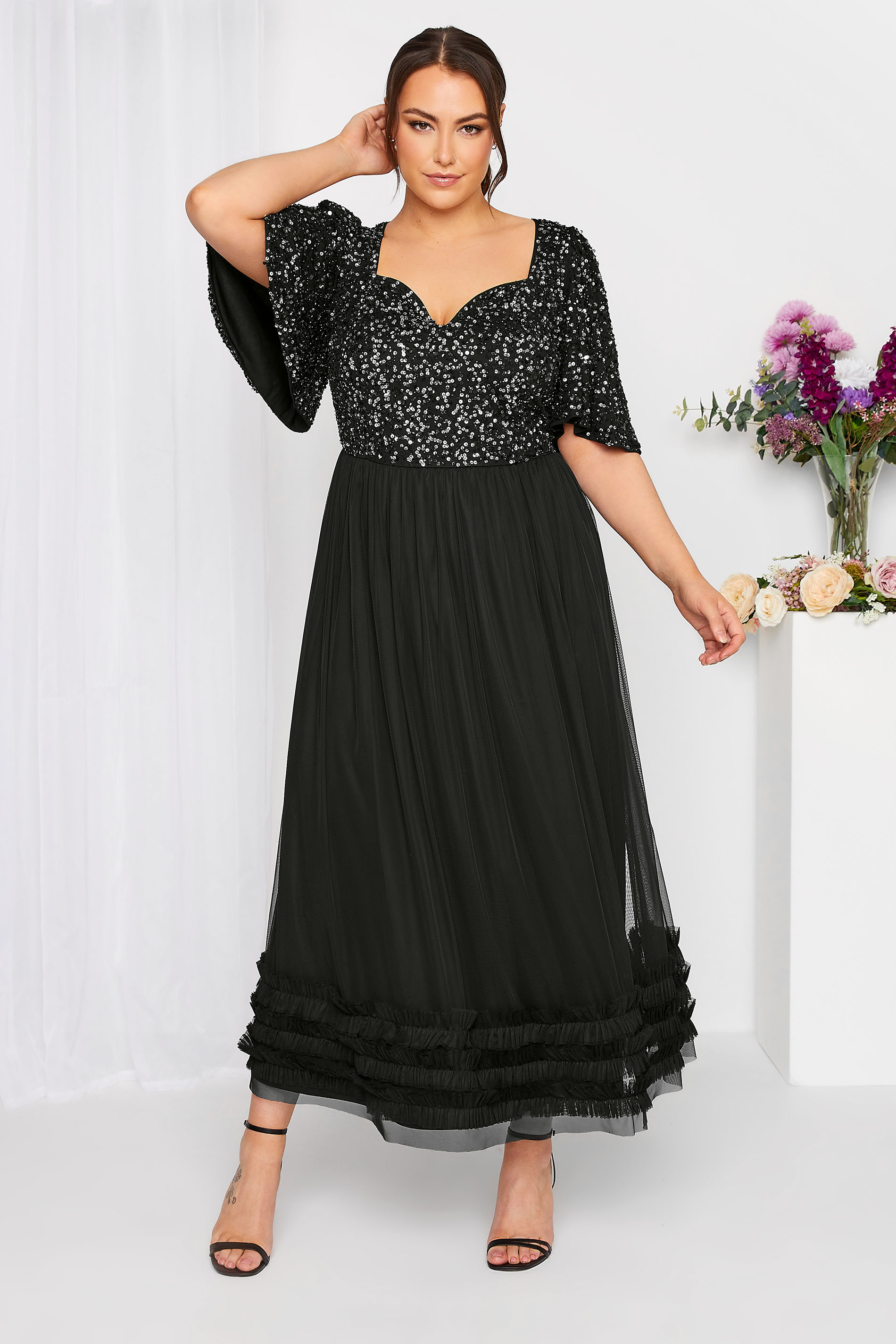 LUXE Plus Size Curve Black Sequin Sweetheart Ruffle Maxi Dress | Yours Clothing  1