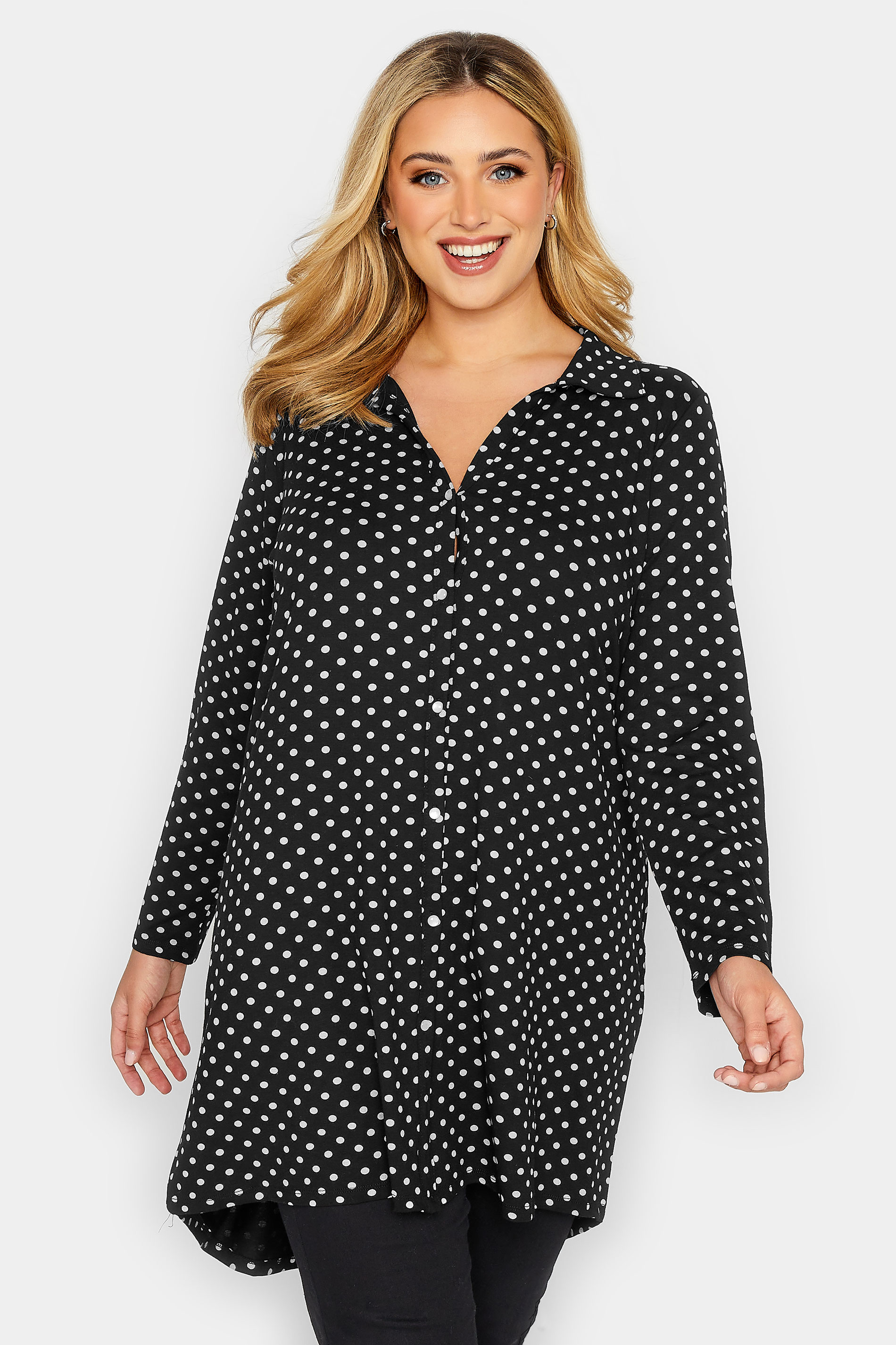 Plus Size Black & White Polka Dot Long Sleeve Shirt | Yours Clothing 1