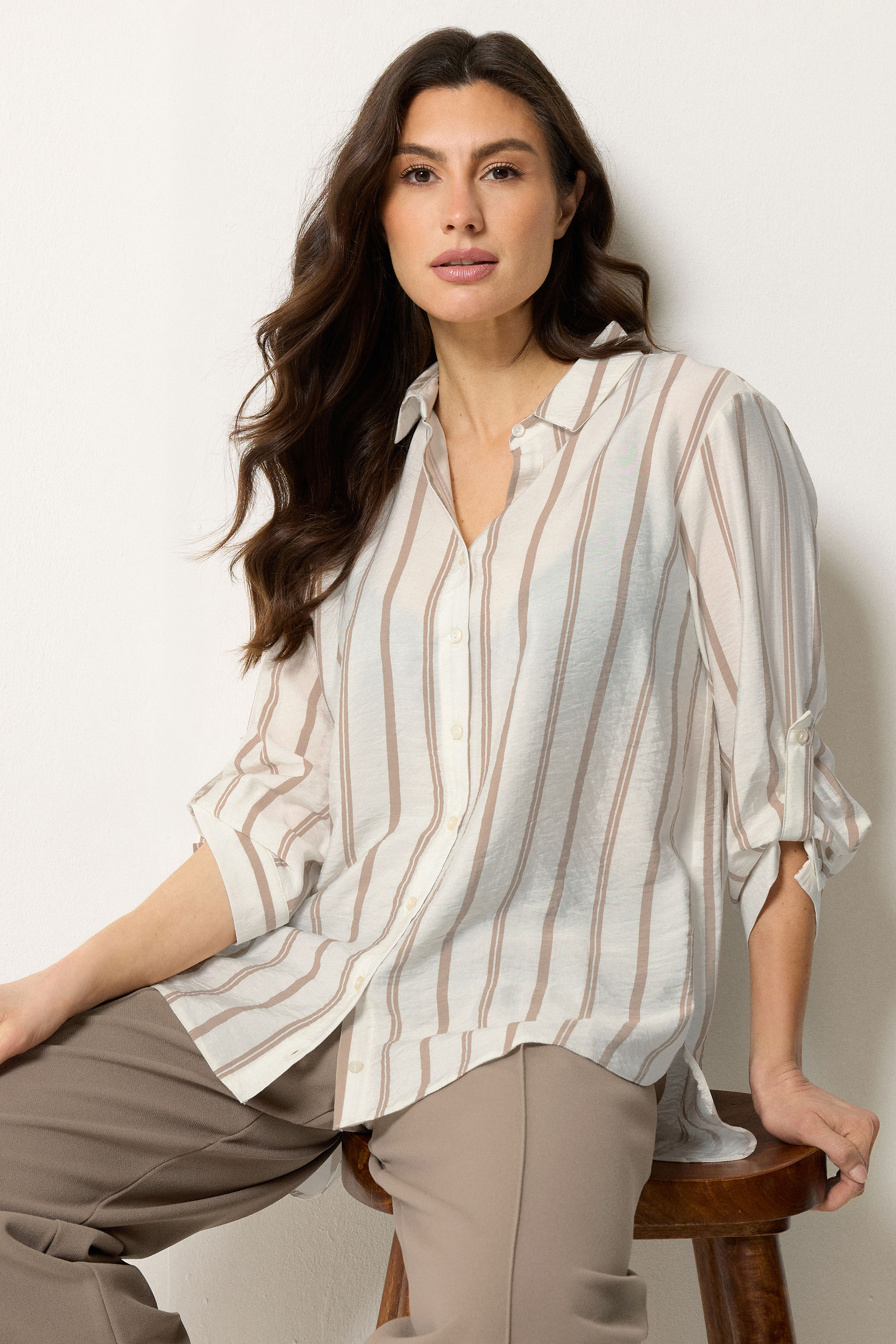 M&Co White & Natural Brown Stripe Tab Sleeve Shirt 3