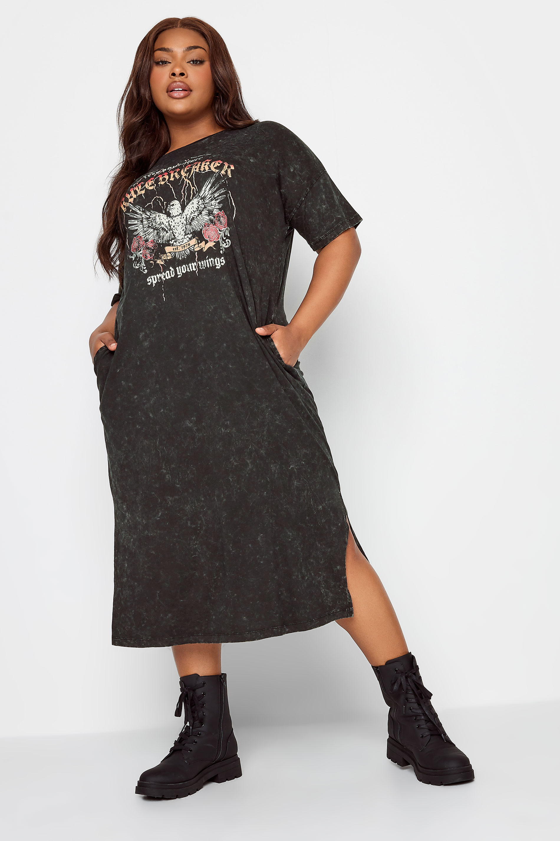 YOURS Plus Size Black 'Rule Breaker' Oversized Midaxi T-Shirt Dress | Yours Clothing 2