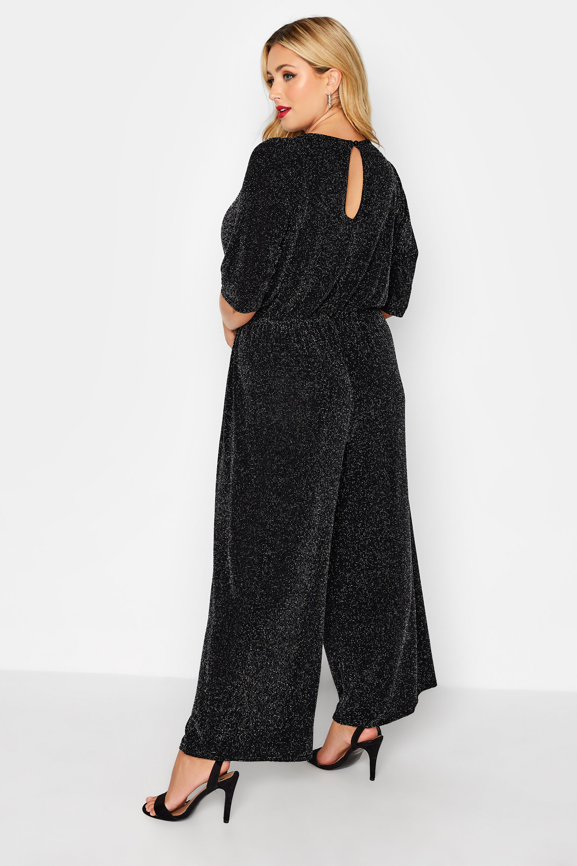 LIMITED COLLECTION Plus Size Black & Silver Glitter Stretch Wrap Jumpsuit | Yours Clothing 3