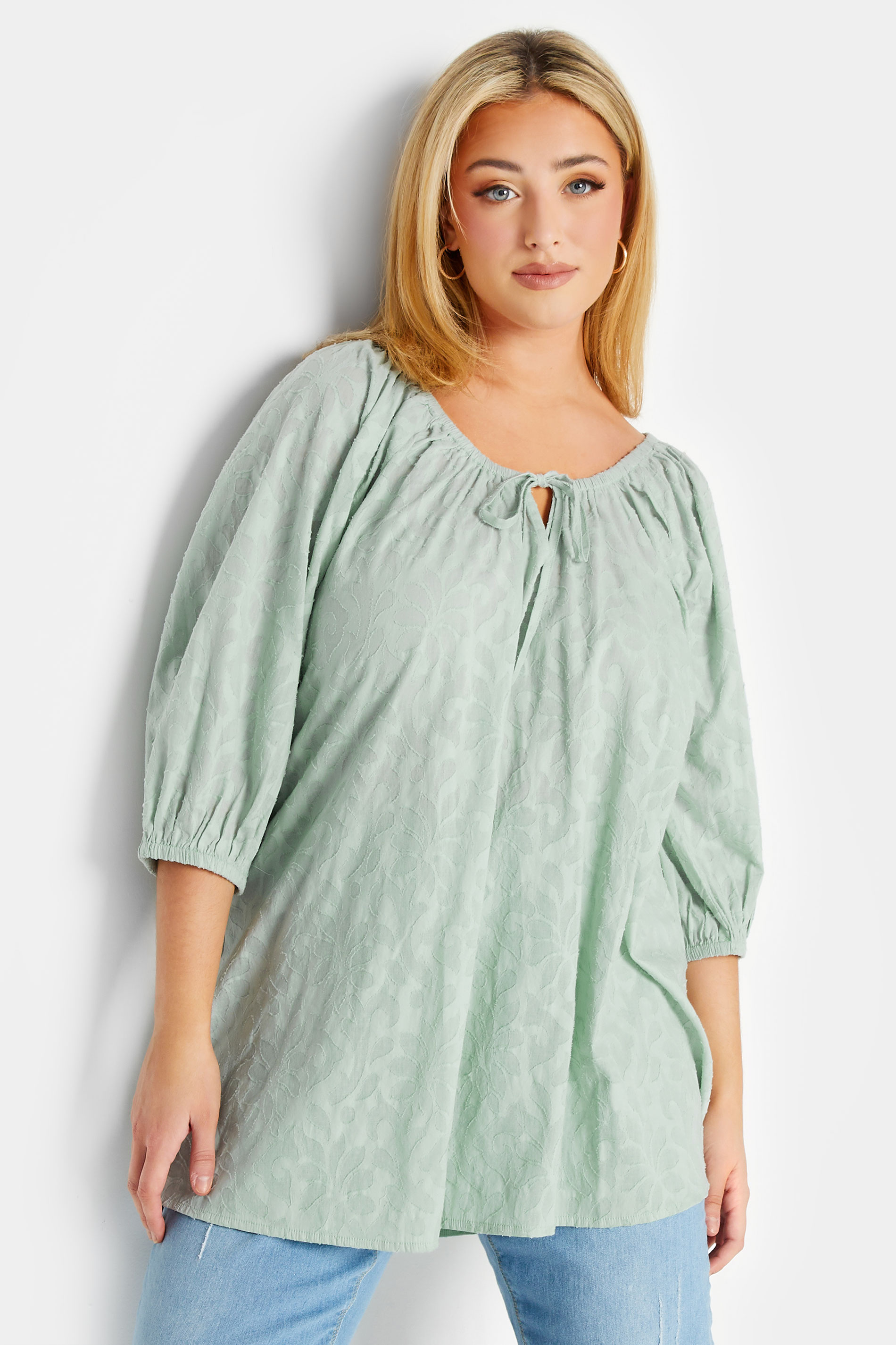 YOURS Plus Size Curve Mint Green Gypsy Textured Top 1