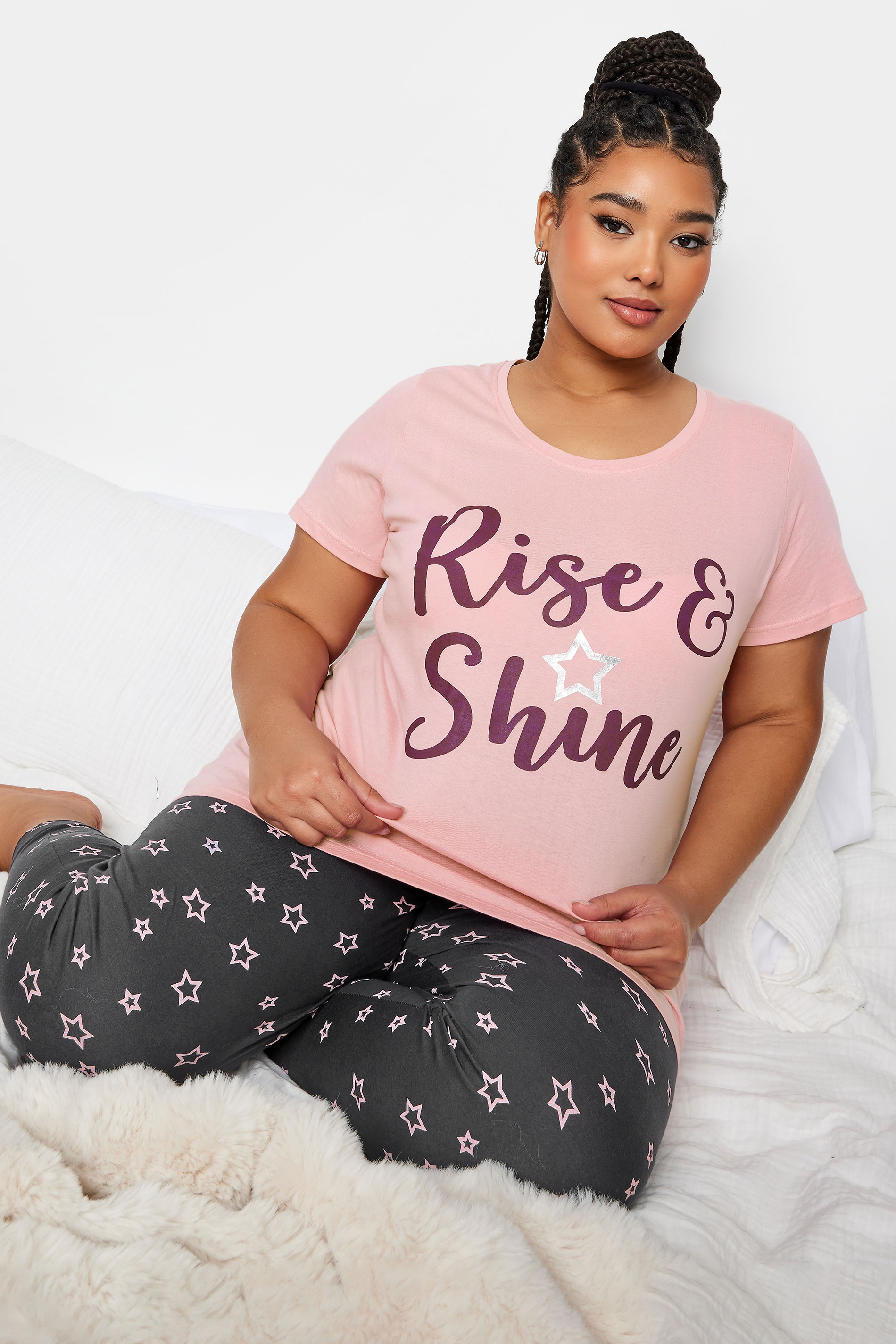 YOURS Plus Size Pink 'Rise & Shine' Star Print Pyjama Set | Yours Clothing 1