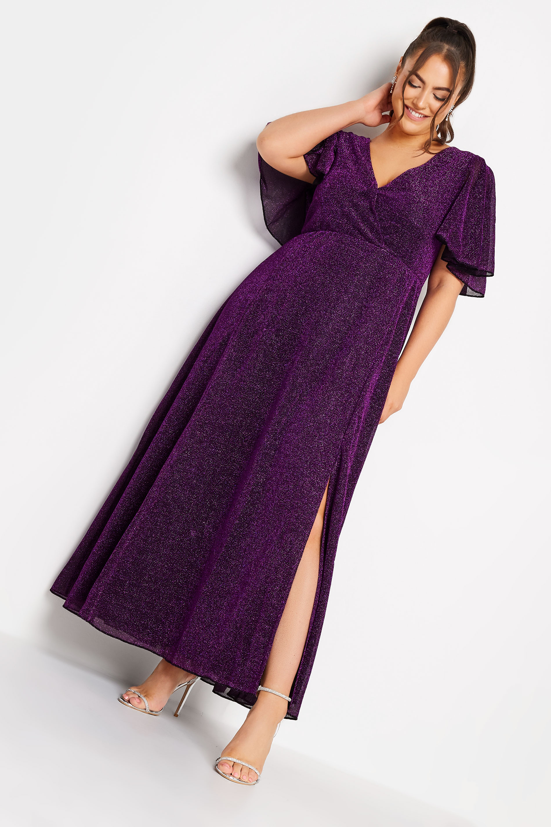 YOURS LONDON Plus Size Purple Glitter Angel Sleeve Maxi Dress | Yours Clothing 1