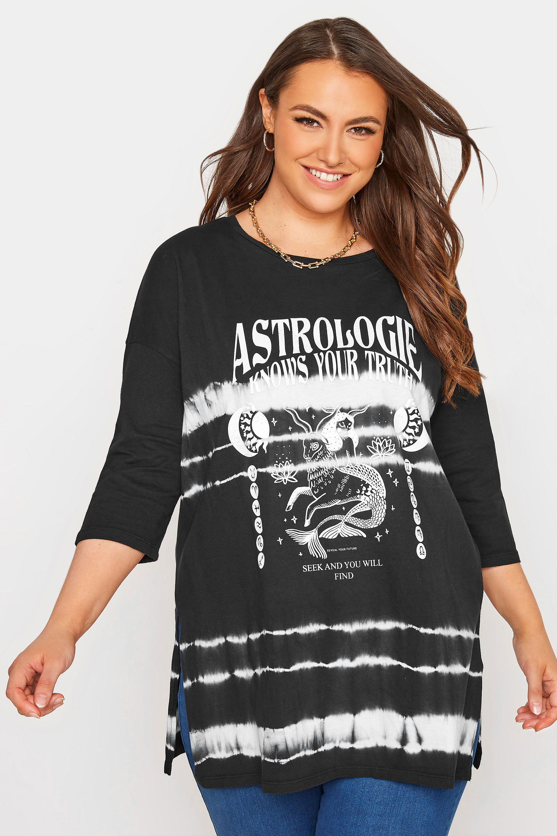 Grande taille  Tops Grande taille  T-Shirts | T-Shirt Noir Tie & Dye Graphique 'Astrologie' - ZI27394
