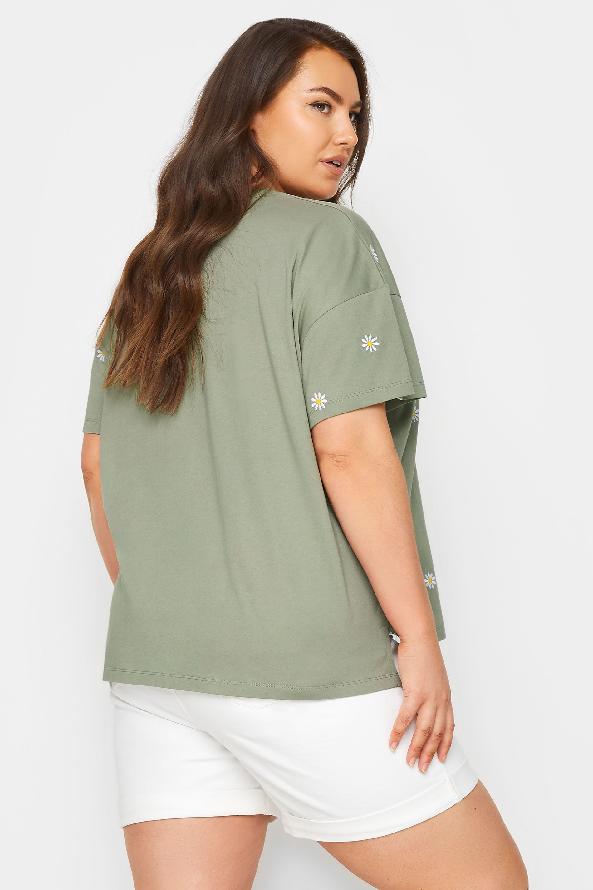 LIMITED COLLECTION Plus Size Green Embroidered Daisy T-Shirt | Yours Clothing 3