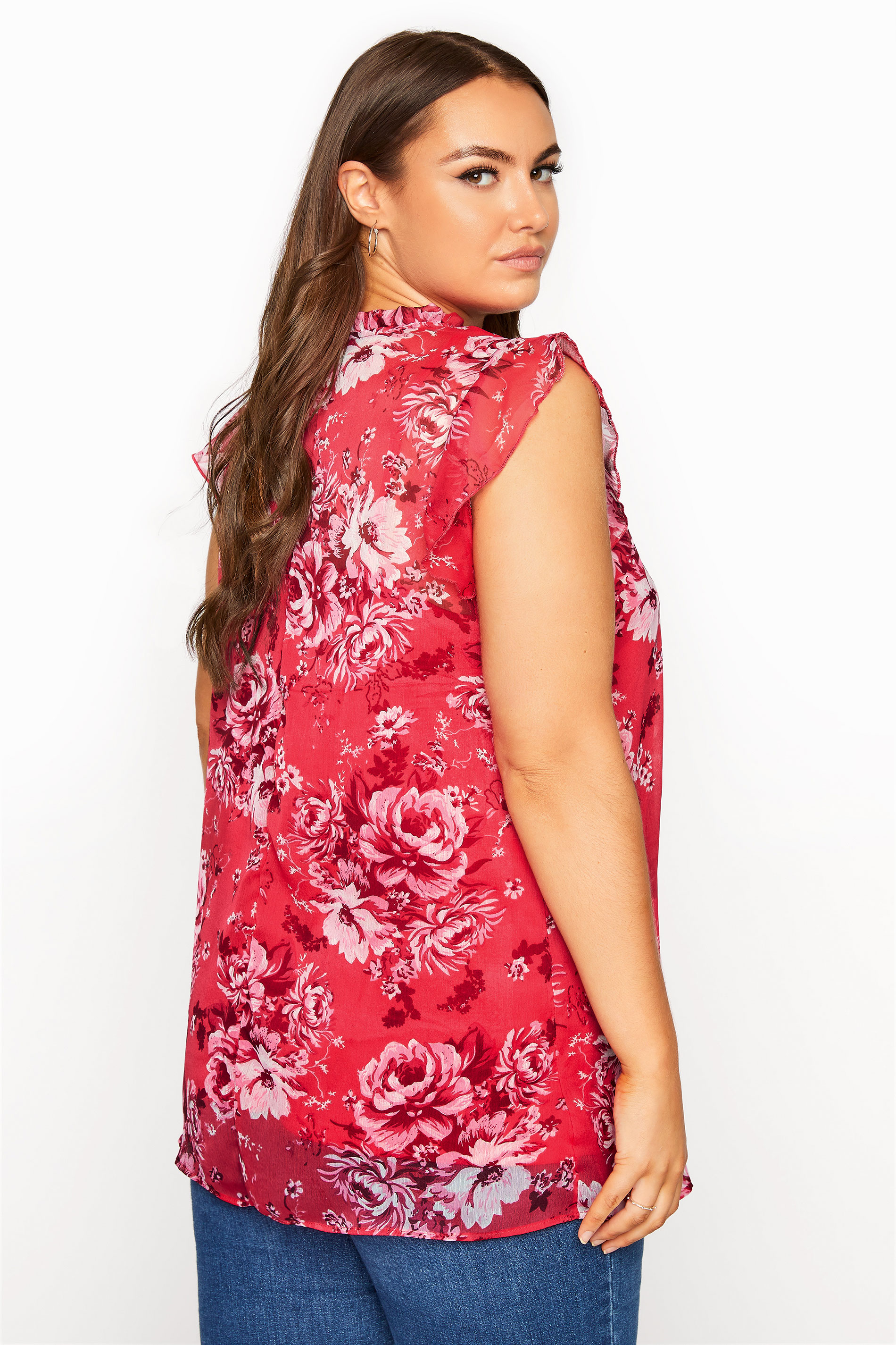 Plus Size Coral Floral Tie Frill Neck Blouse | Yours Clothing