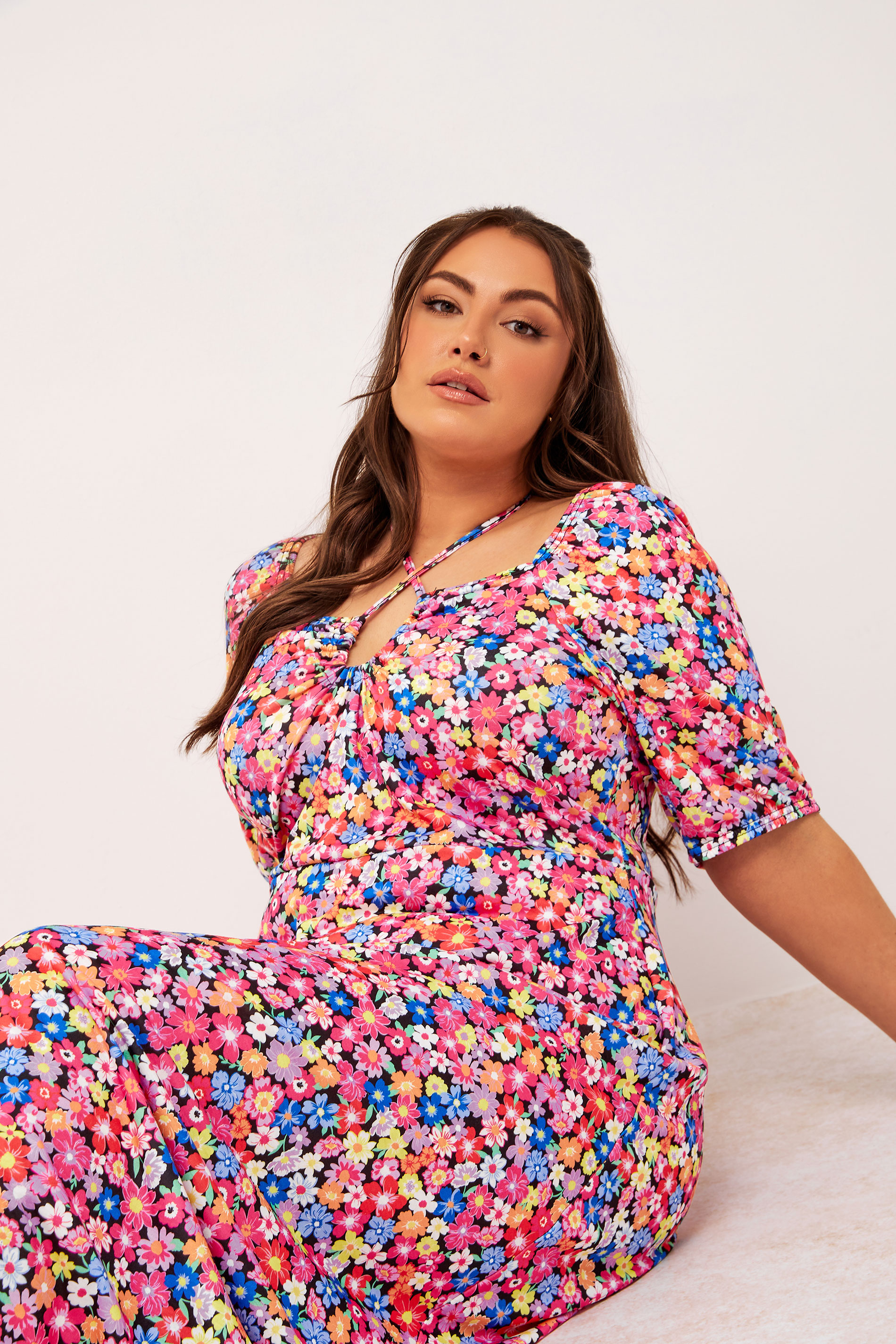 LIMITED COLLECTION Plus Size Black & Pink Floral Print Tie Front Maxi Dress | Yours Clothing 1