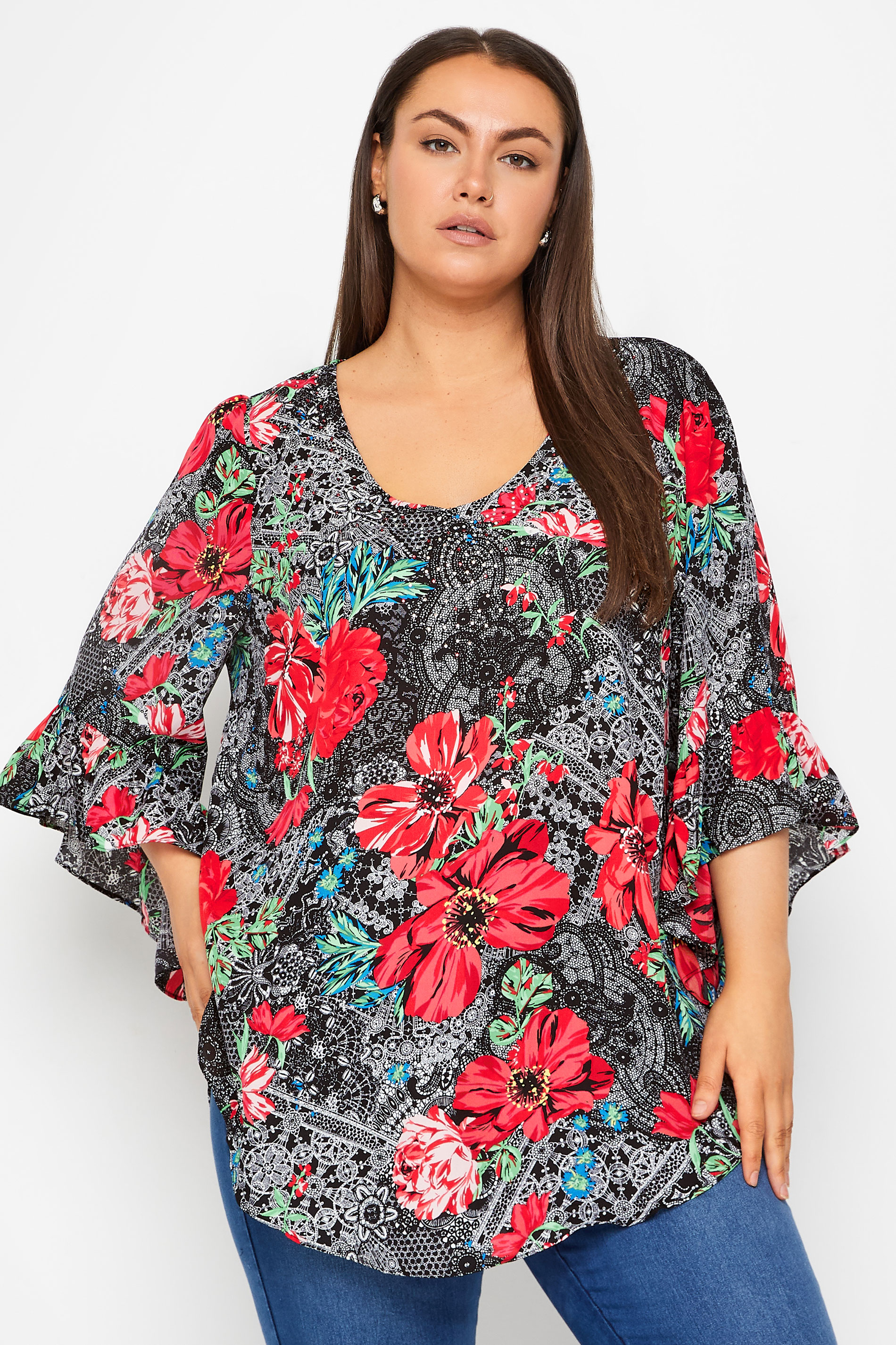 Evans Grey & Red Floral & Paisley Print Frill Smock Top 1