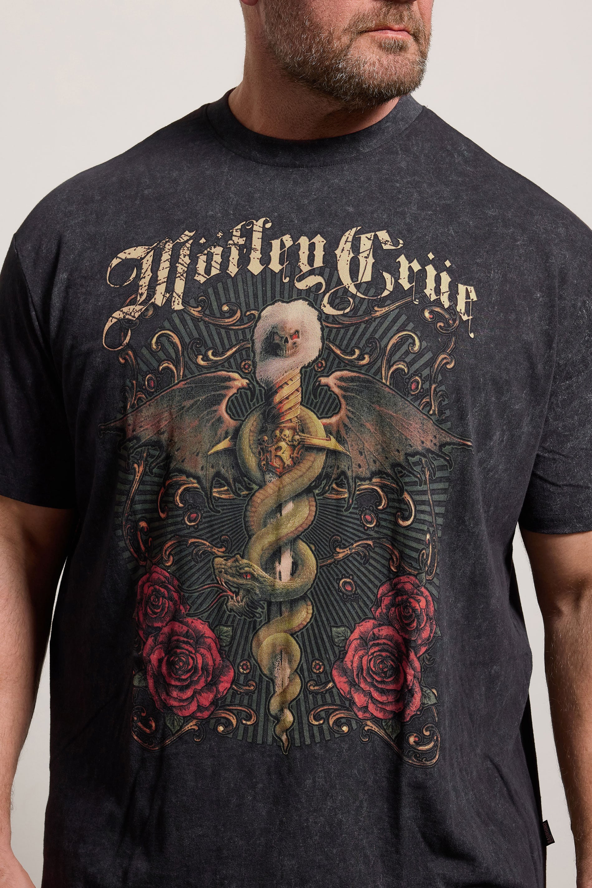 BadRhino Big & Tall Black Extra Long Motley Crue Acid Wash Graphic T-Shirt | BadRhino 4