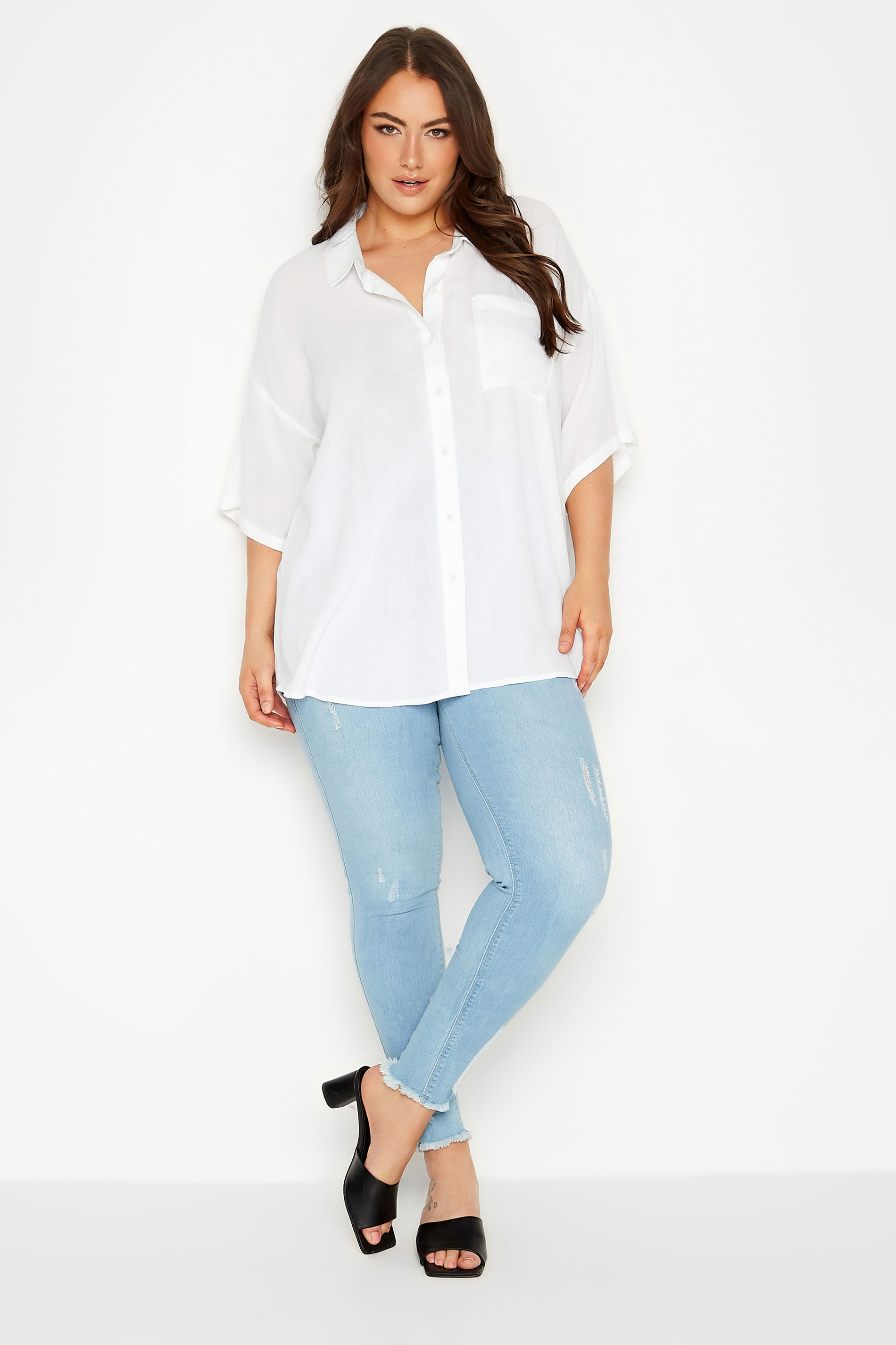 YOURS Curve White Short Sleeve Crinkle Shirt | Yours Clothing 2