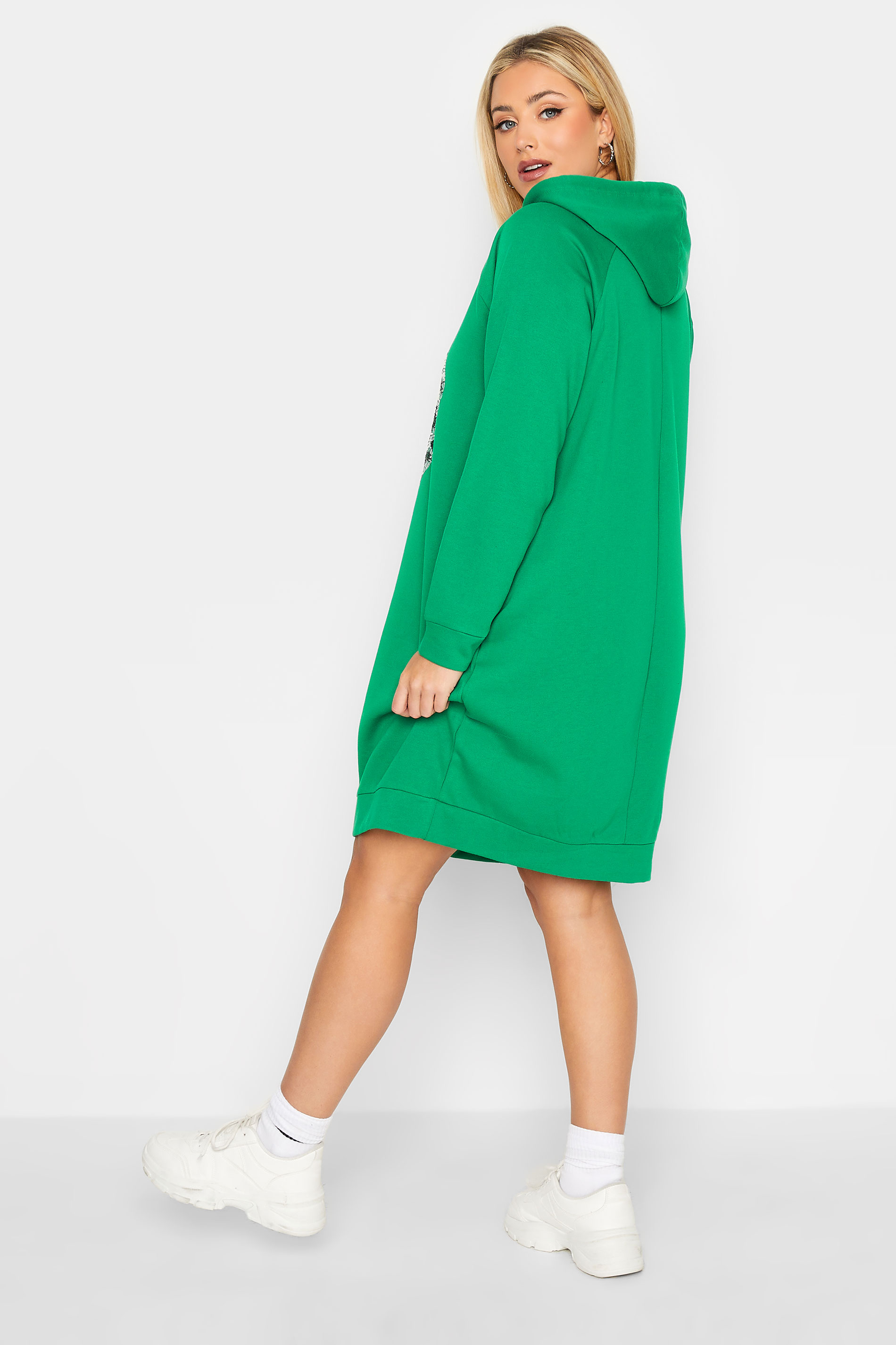 YOURS Plus Size Green Heart Sequin Embellished Hoodie Dress | Yours Clothing 3