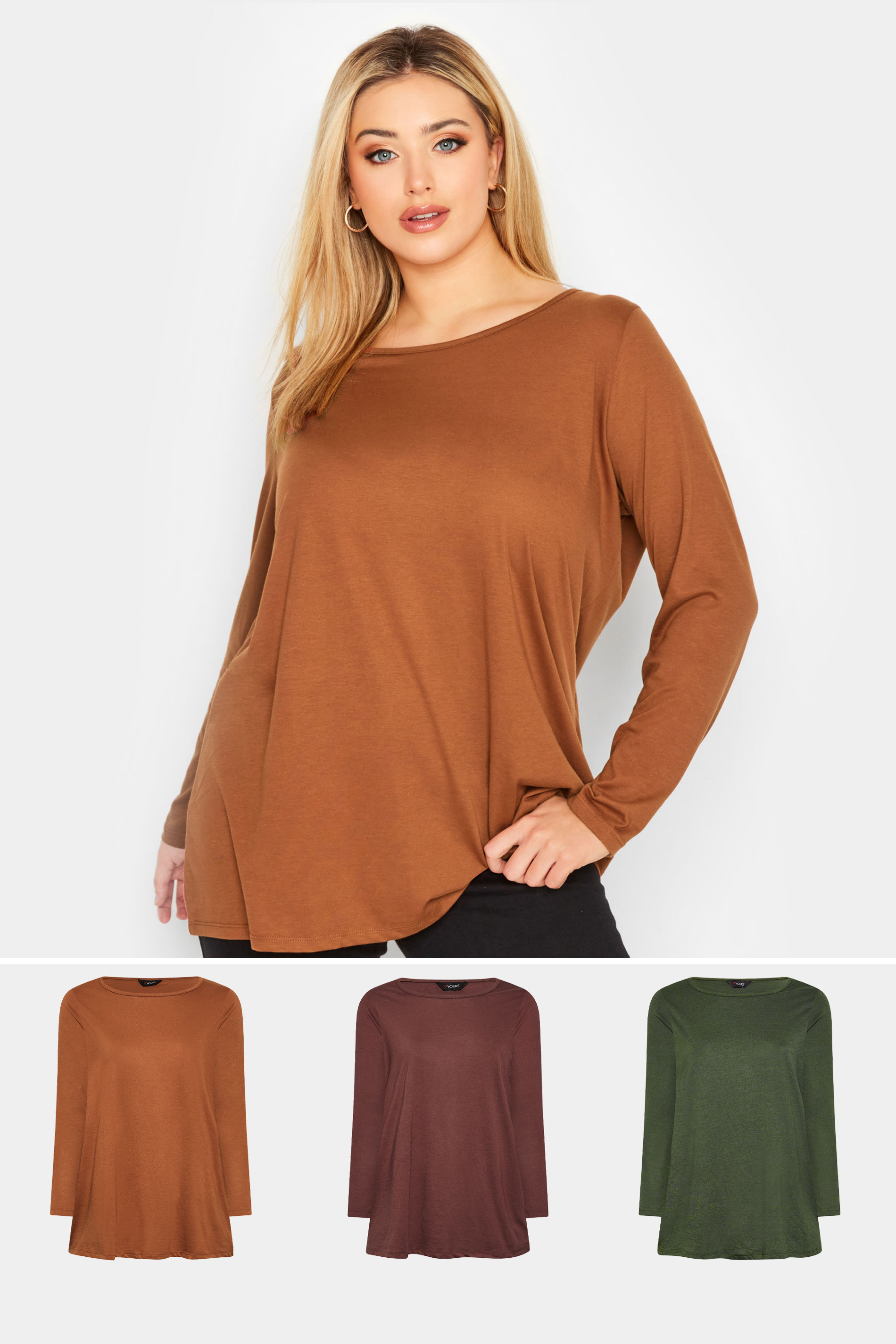 3 PACK Plus Size Brown & Green Long Sleeve T-Shirts | Yours Clothing 1