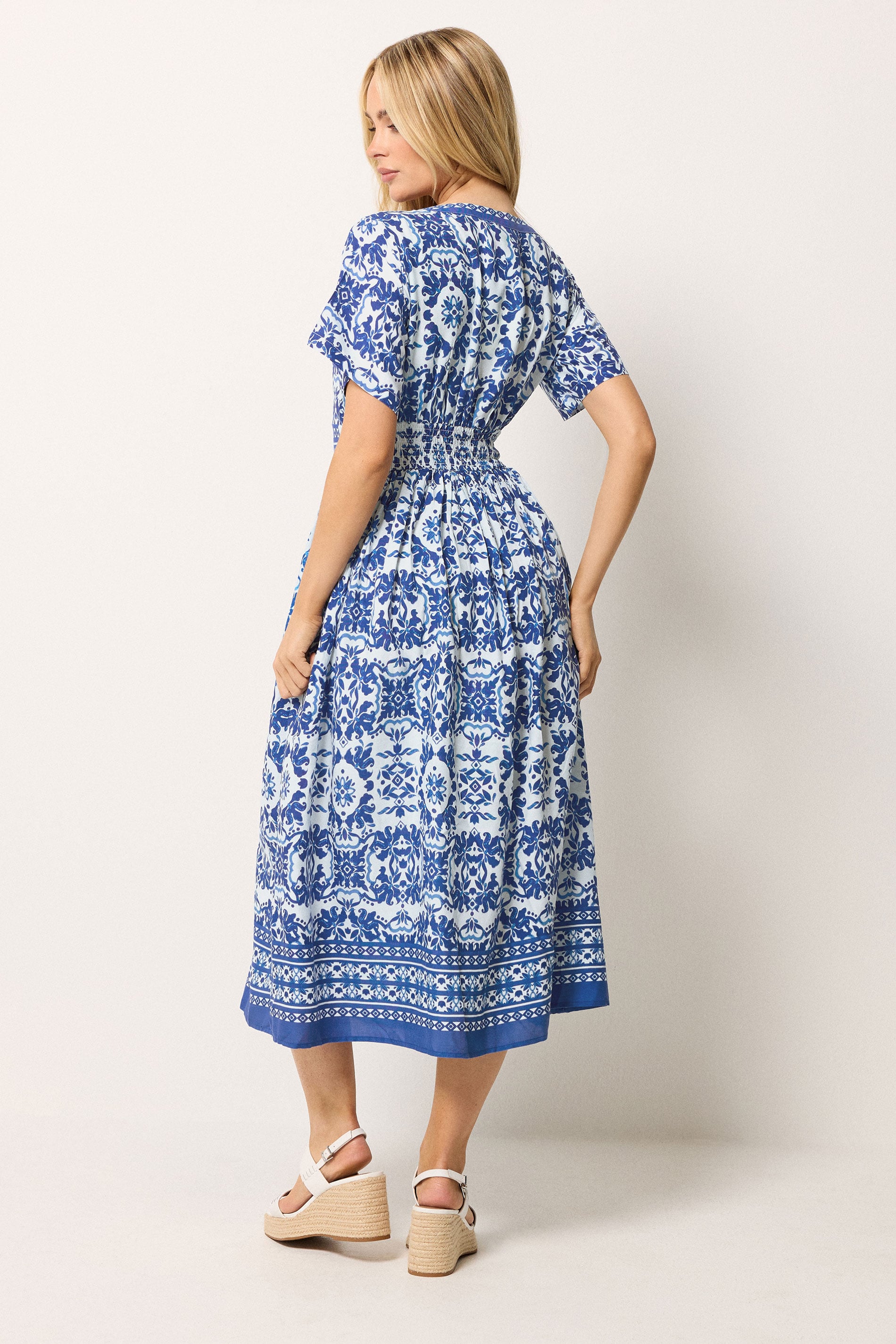 M&Co Blue & White Tile Print Midi Dress | M&Co 2