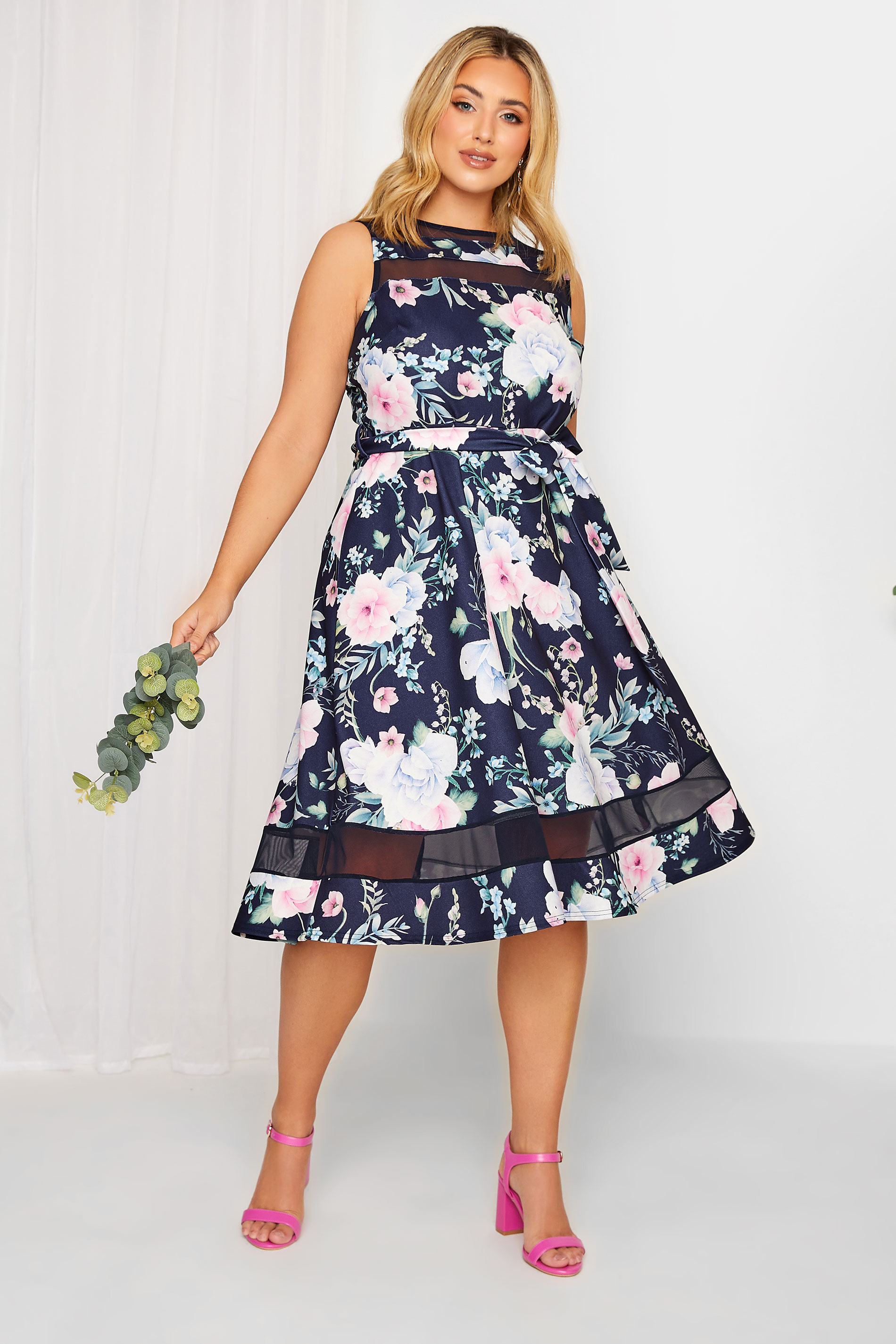 YOURS LONDON Plus Size Curve Navy Blue & Pink Floral Mesh Panel Skater Dress | Yours Clothing  1