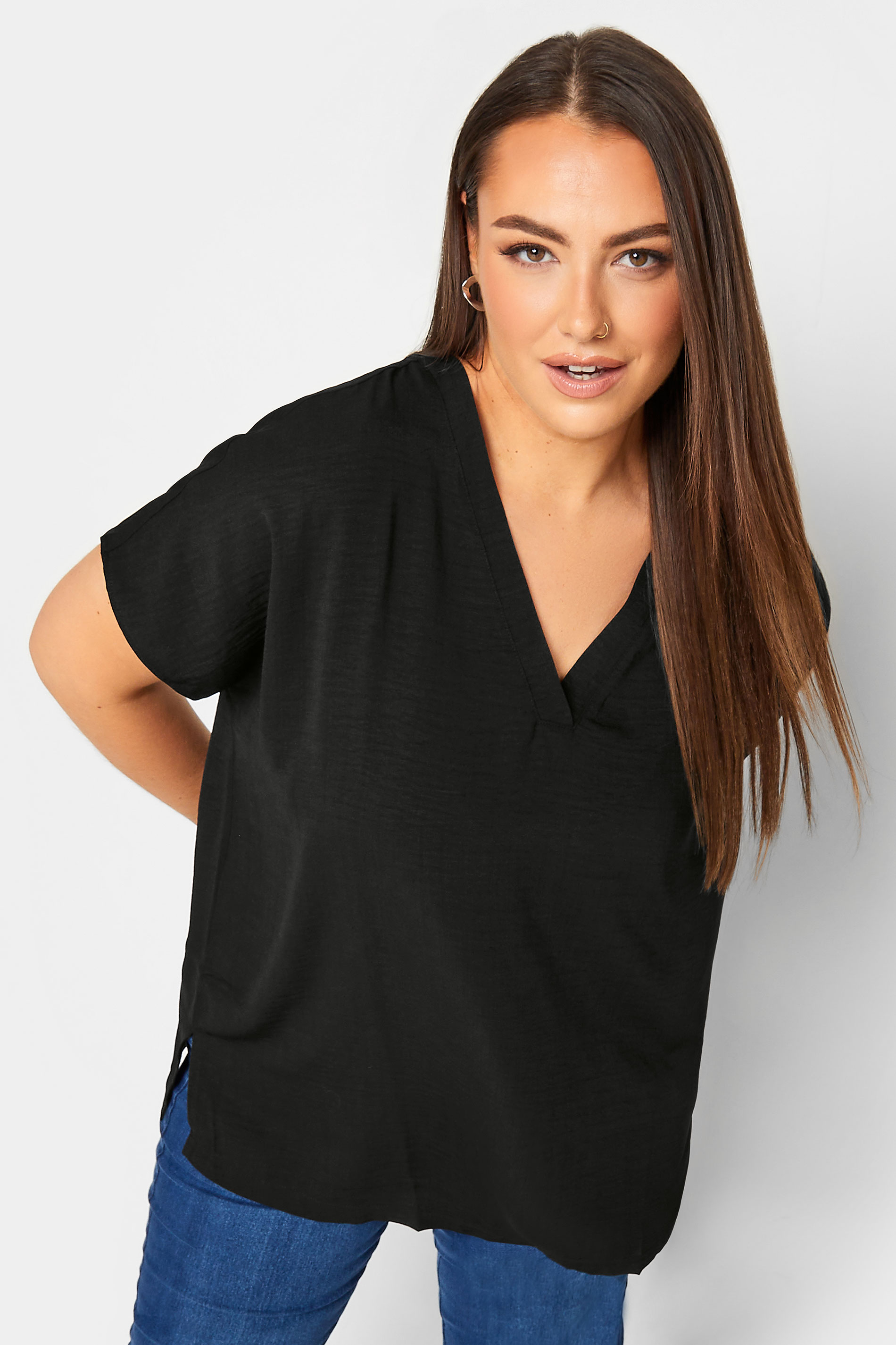 YOURS Plus Size Black V-Neck Shirt | Yours Clothing 1