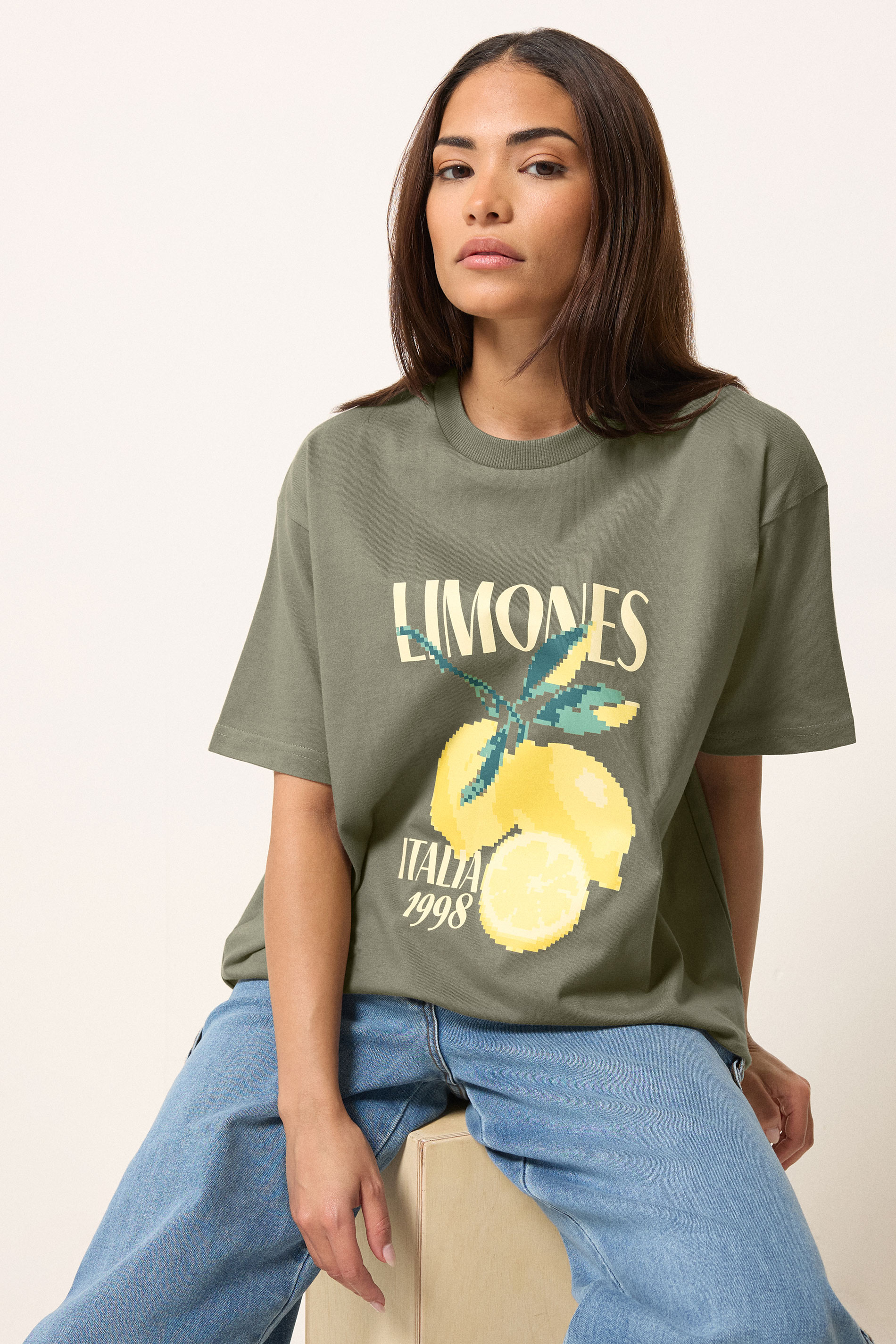PixieGirl Petite Women's Sage Green Lemon Graphic Cotton Oversized T-Shirt | PixieGirl 3
