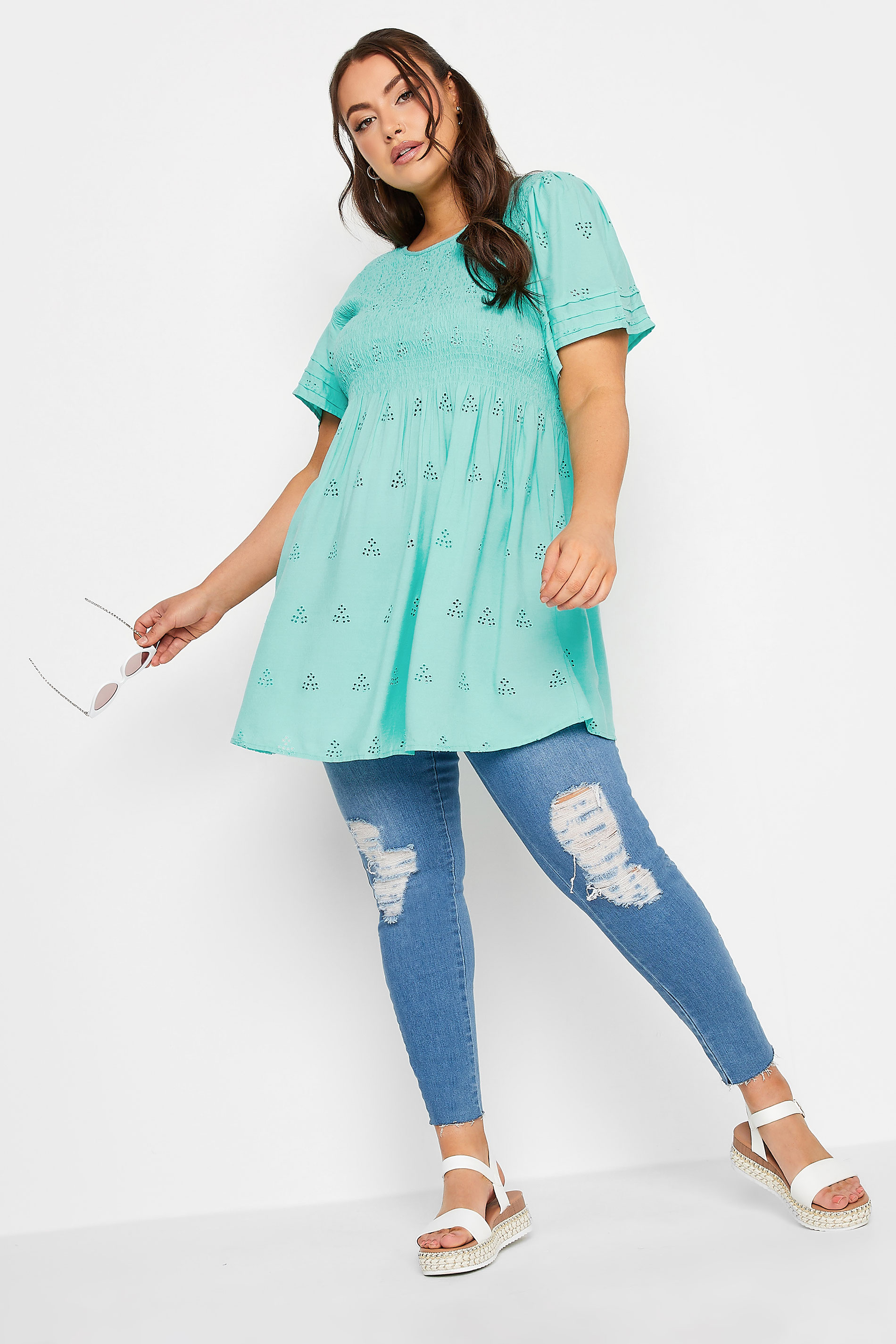 LIMITED COLLECTION Plus Size Blue Embroidered Shirred Top | Yours Clothing 2