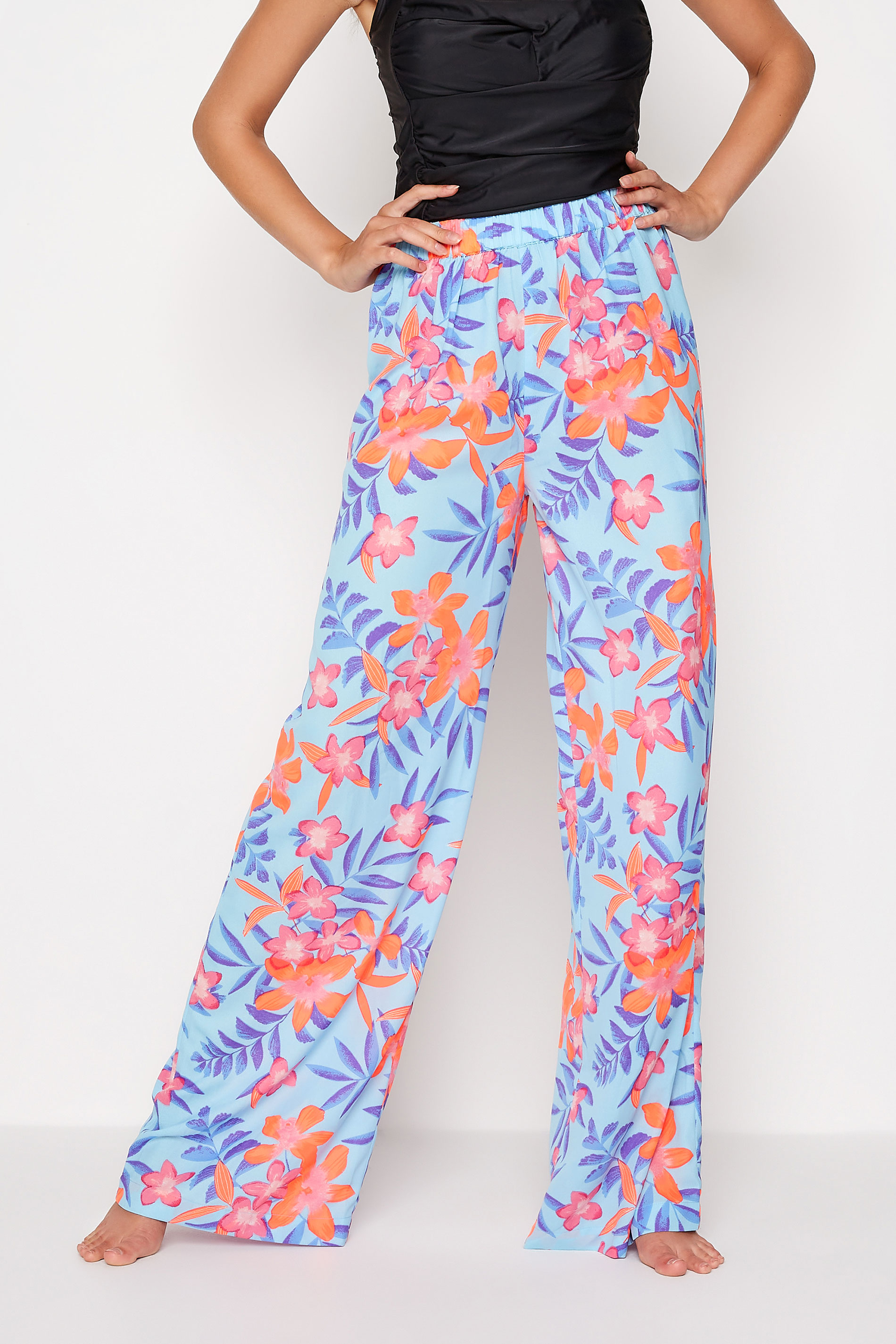 LTS Tall Women's Blue Tropical Print Wide Leg Beach Trousers | Long Tall Sally  1