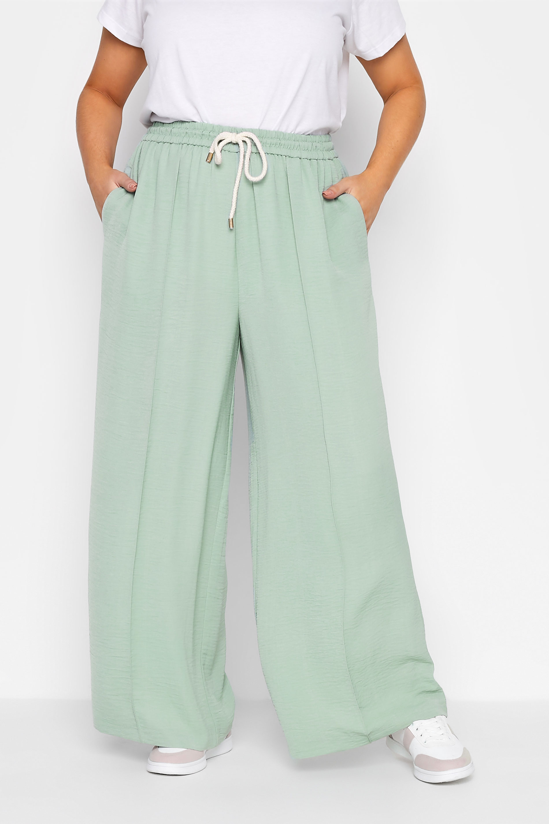 Plus Size Sage Green Lightweight Twill Wide Leg Trousers | Yours Clothing 1