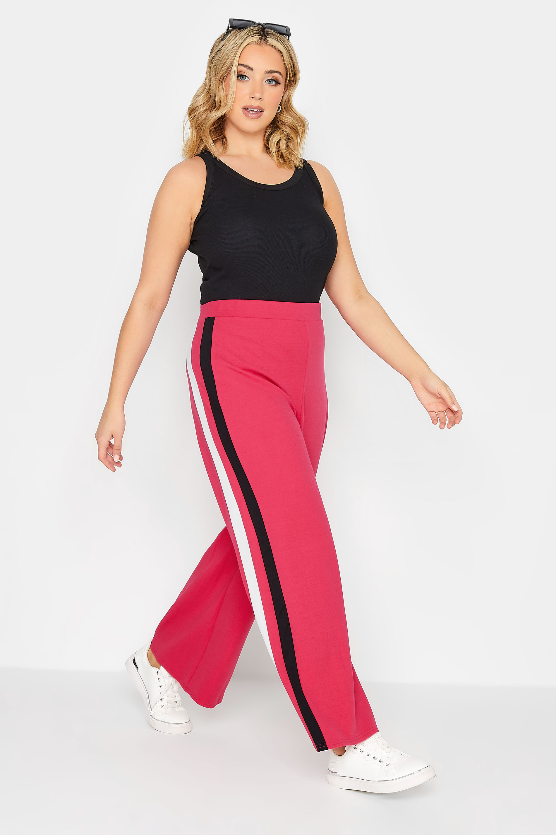 YOURS PETITE Plus Size Pink Side Stripe Wide Leg Trousers | Yours Clothing 2