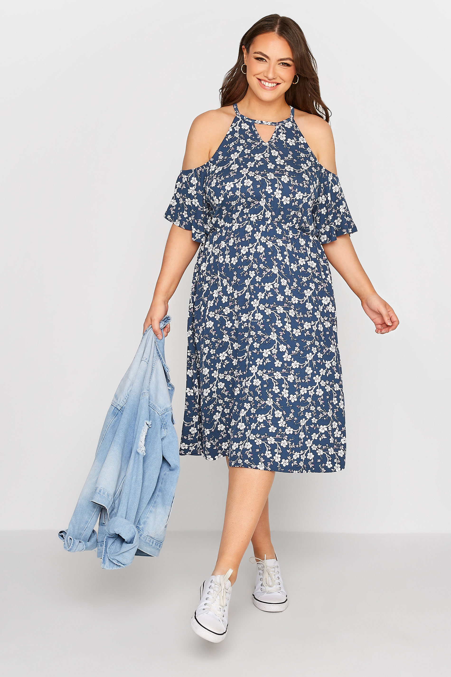 Plus Size Blue Floral Cold Shoulder Dress | Yours Clothing 1