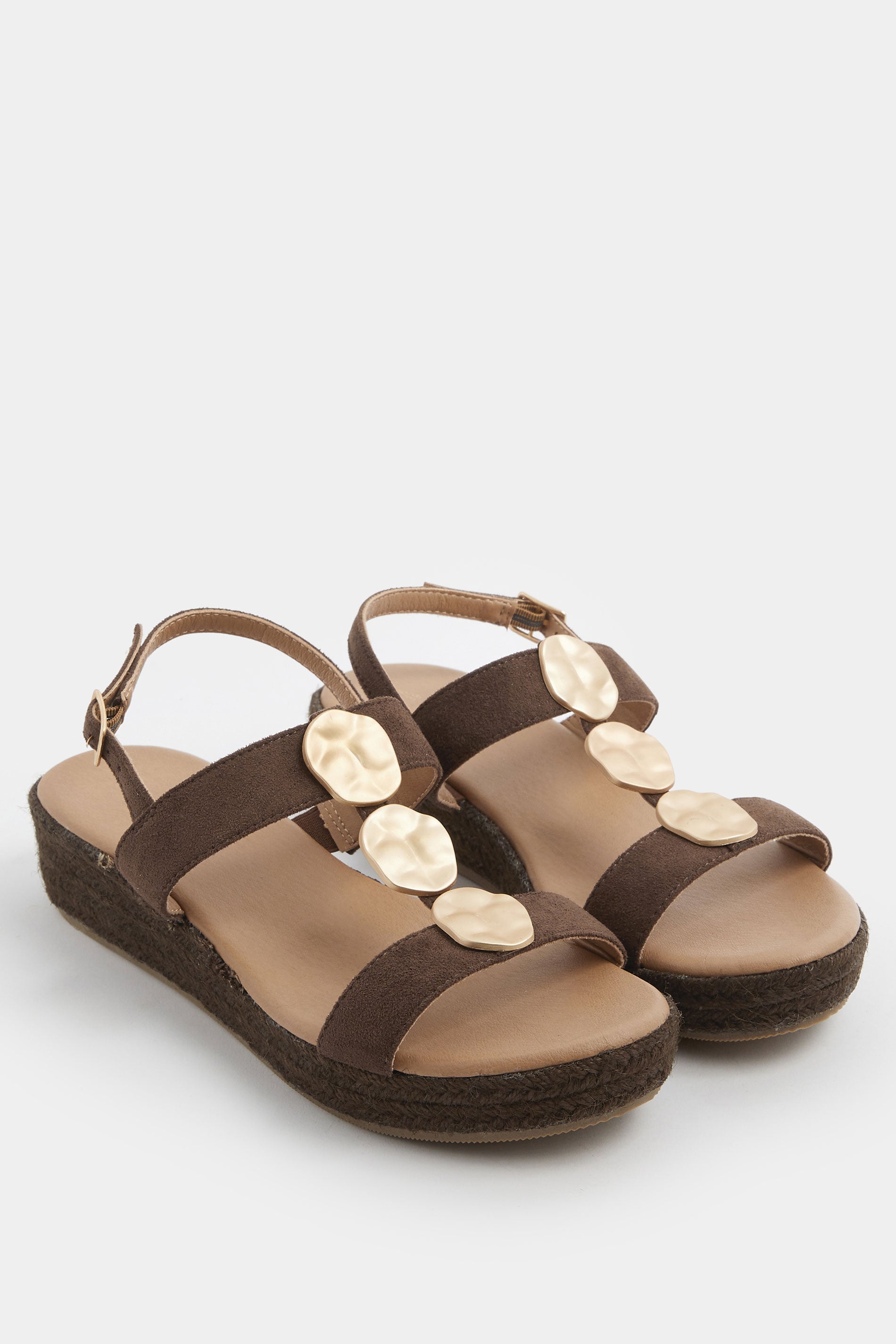 Chocolate Brown Hammered Disk Wedge Sandals In Wide E Fit | Yours Clothing 1