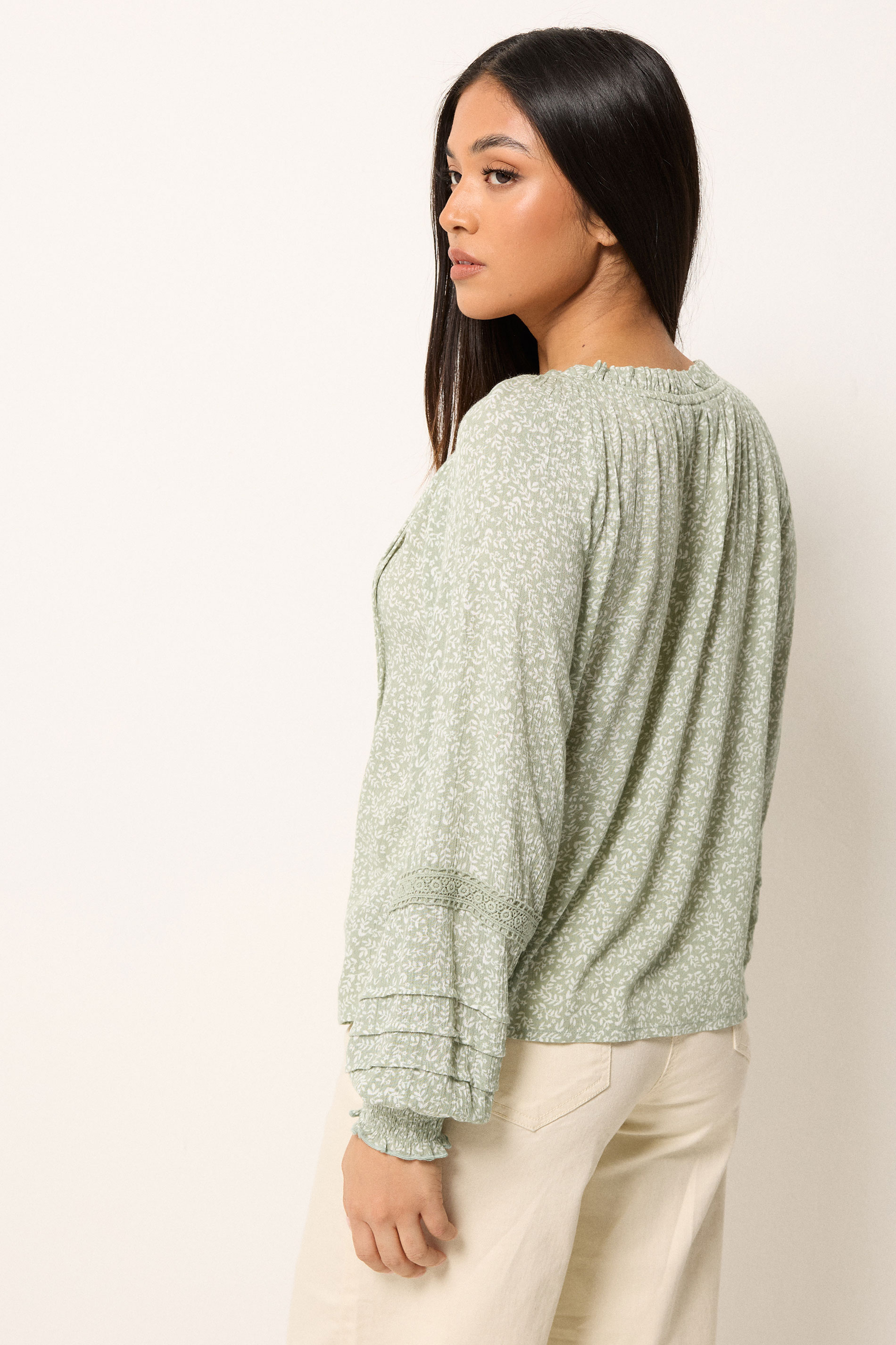 M&Co Petite Sage Green Floral Trim Detail Tie Neck Blouse | M&Co 2