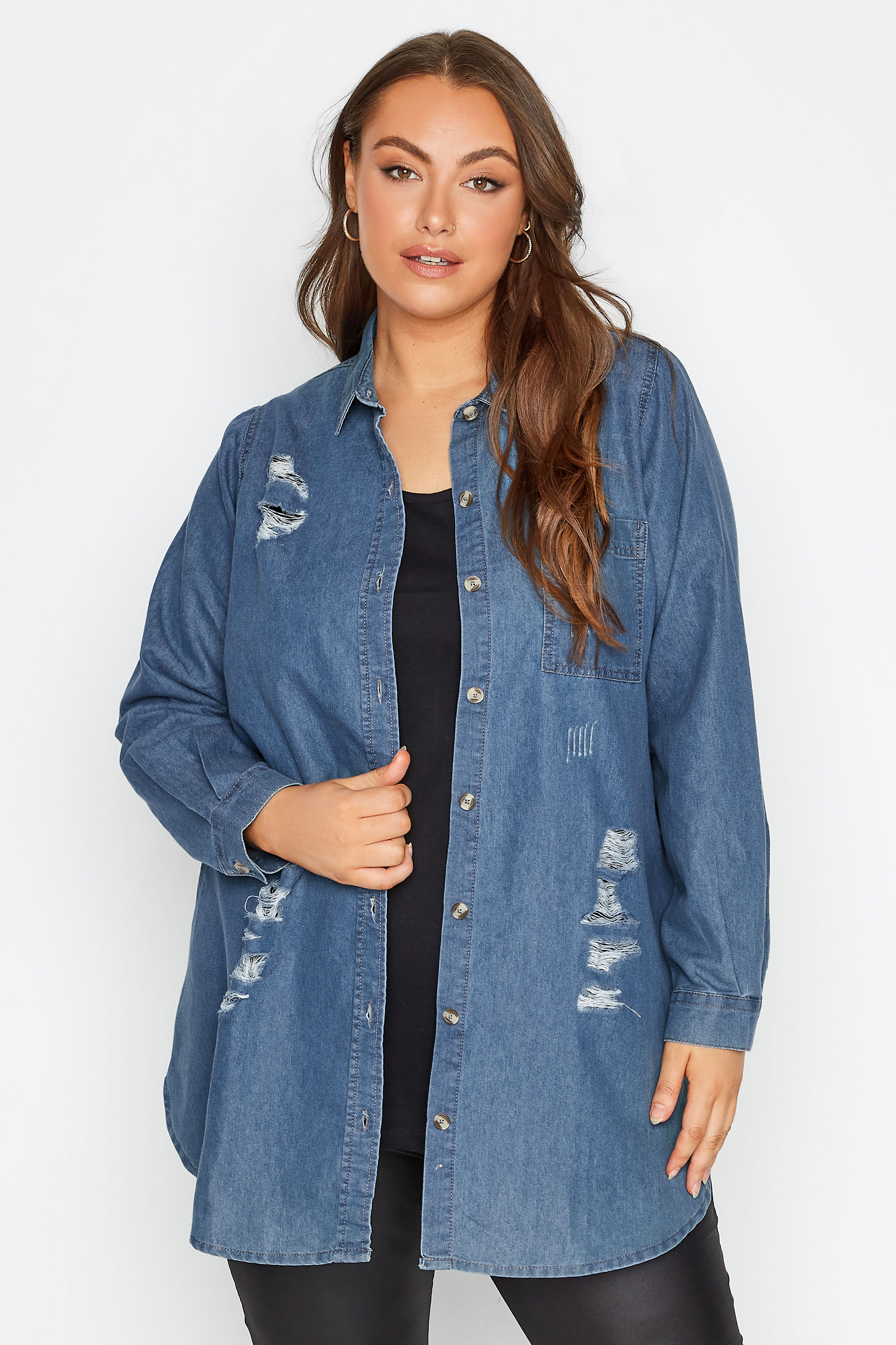 Plus Size Blue Long Sleeve Distressed Denim Shirt | Yours Clothing 1