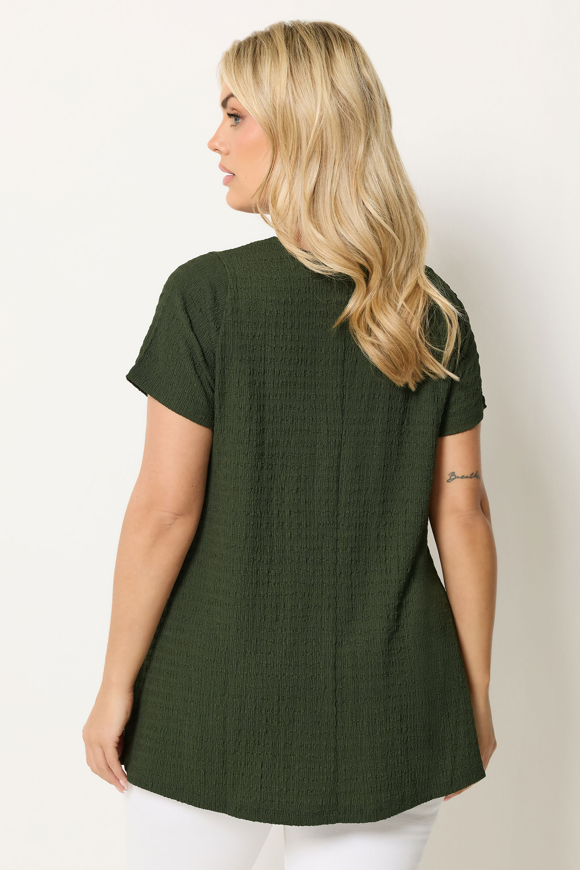YOURS Plus Size Khaki Green Textured Swing Top | Yours Clothing 2