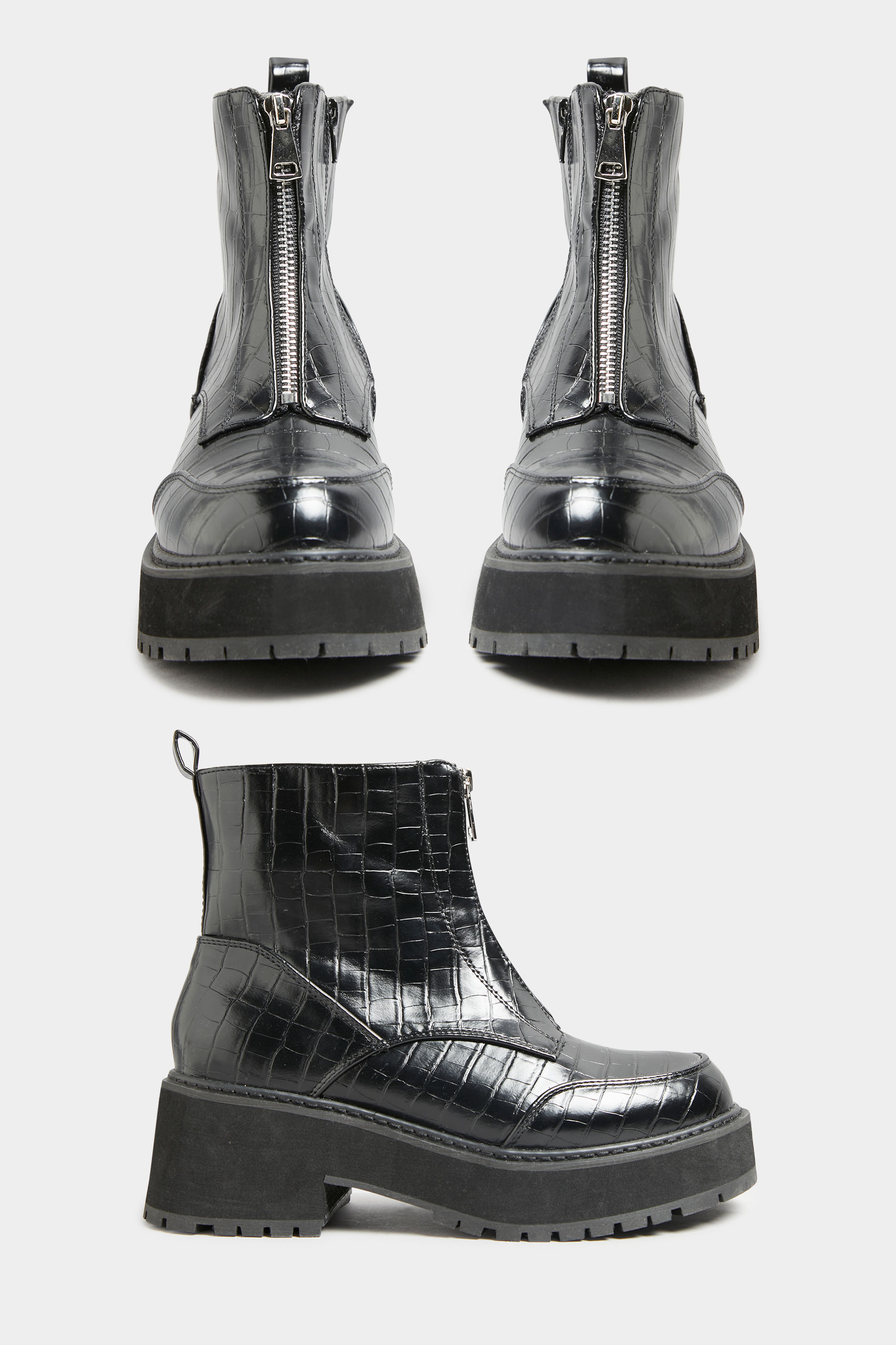 Black Croc Leather Look Zip Chunky Boots In Wide Fit | Long Tall Sally