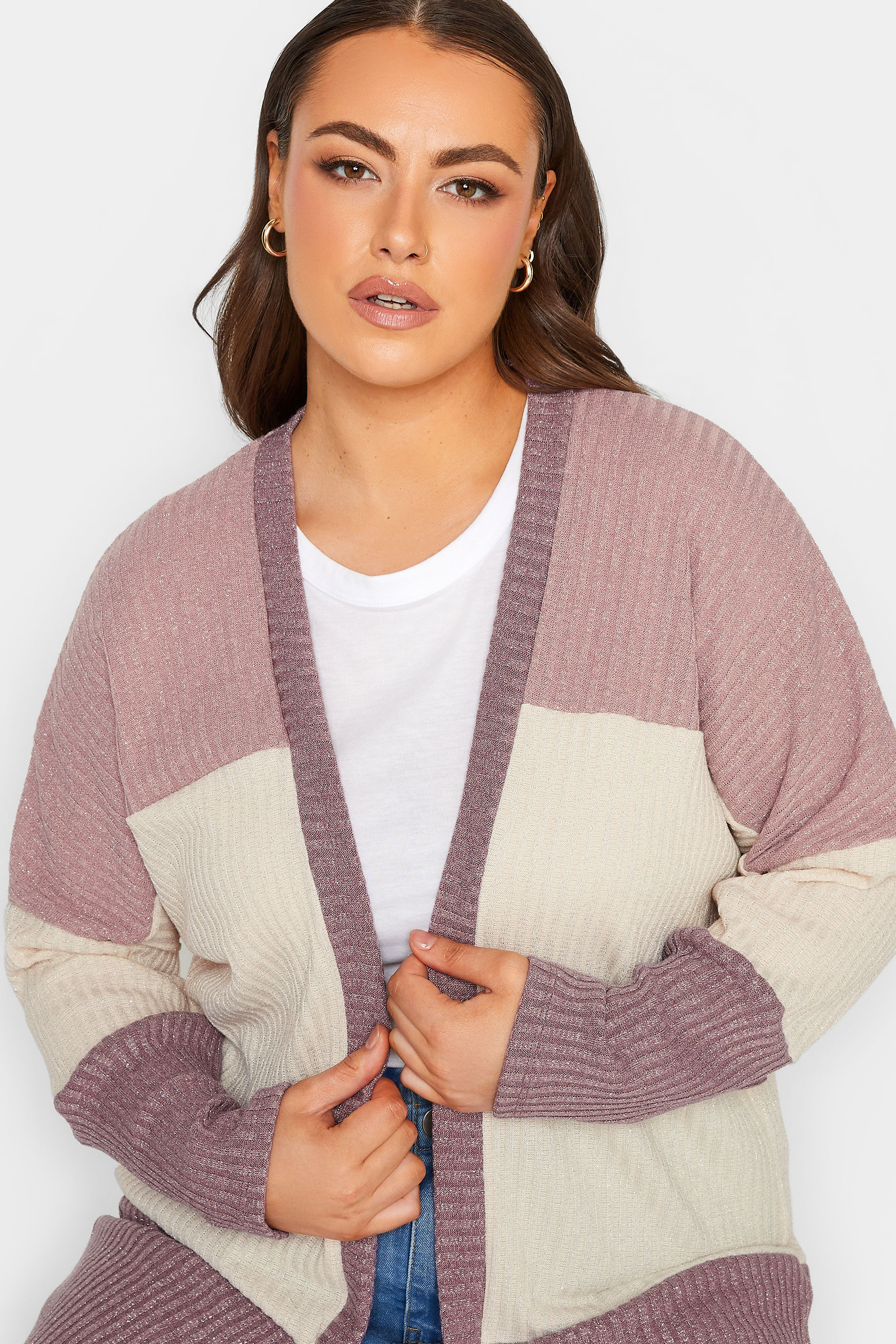 YOURS LUXURY Curve Plus Size Womens Pink & White Colourblock Ribbed Soft Touch Cardigan  1